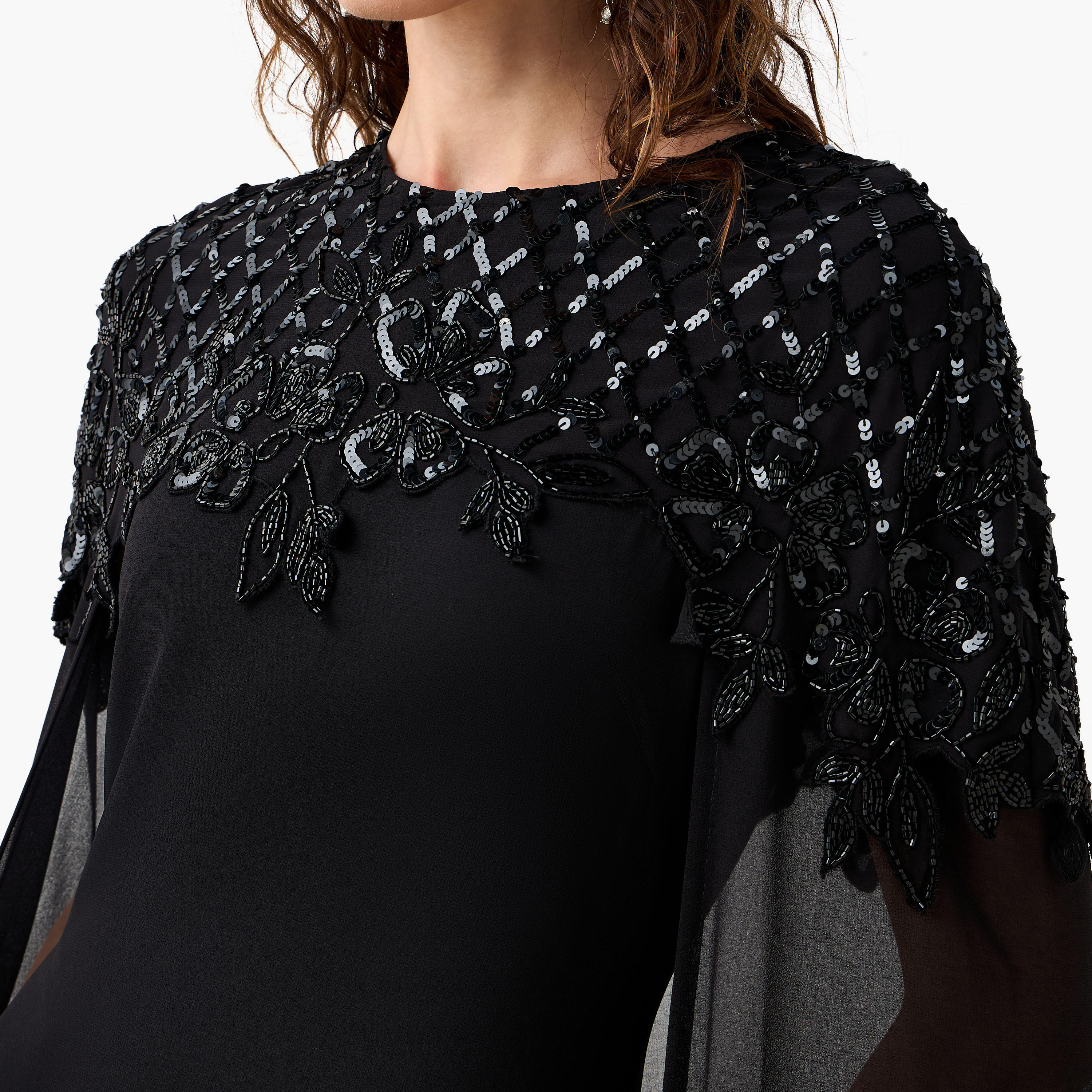 Cape Maxi Party Dress with Floral Sequin Embellishment-women-clothing-dresses-image-2