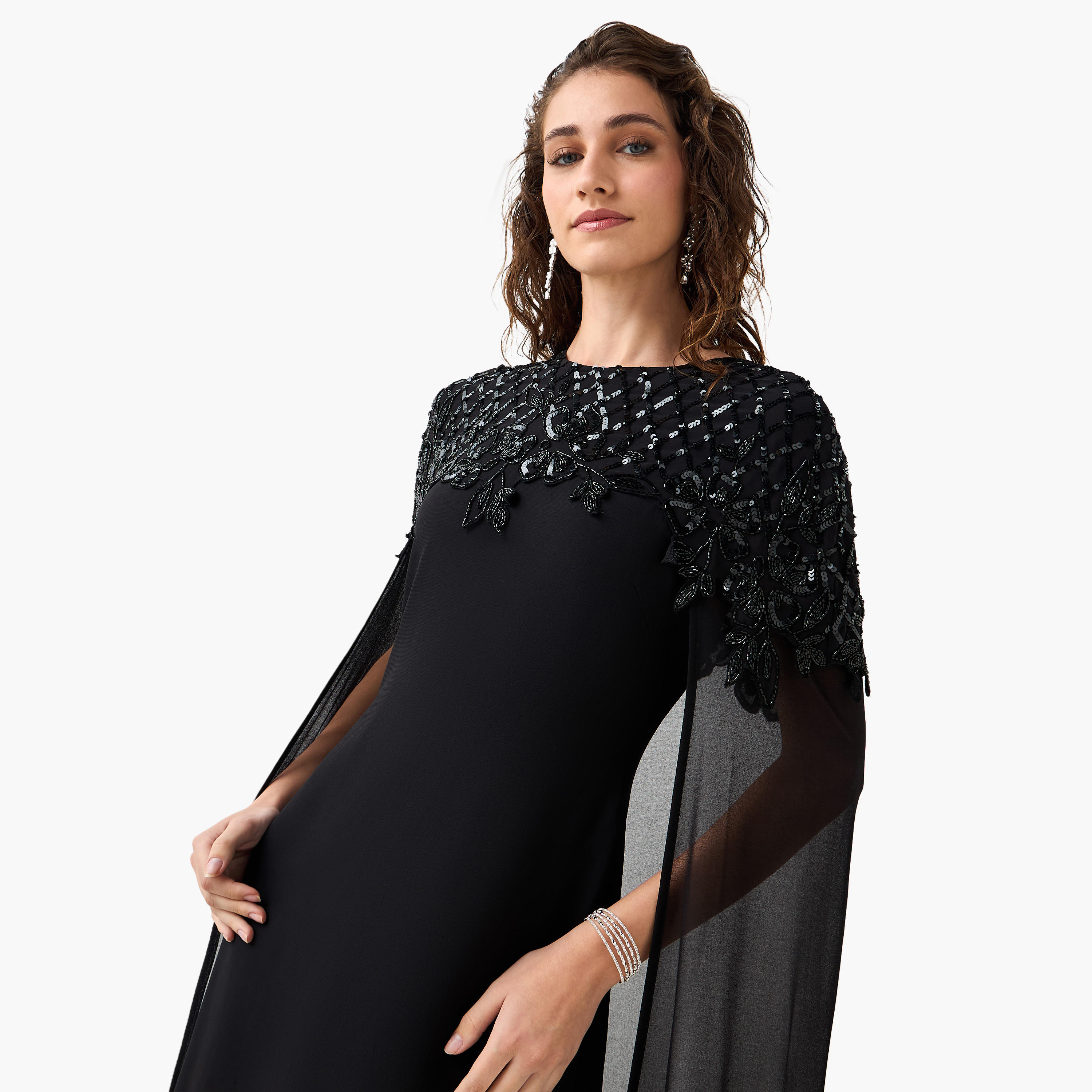 Cape Maxi Party Dress with Floral Sequin Embellishment-women-clothing-dresses-image-6