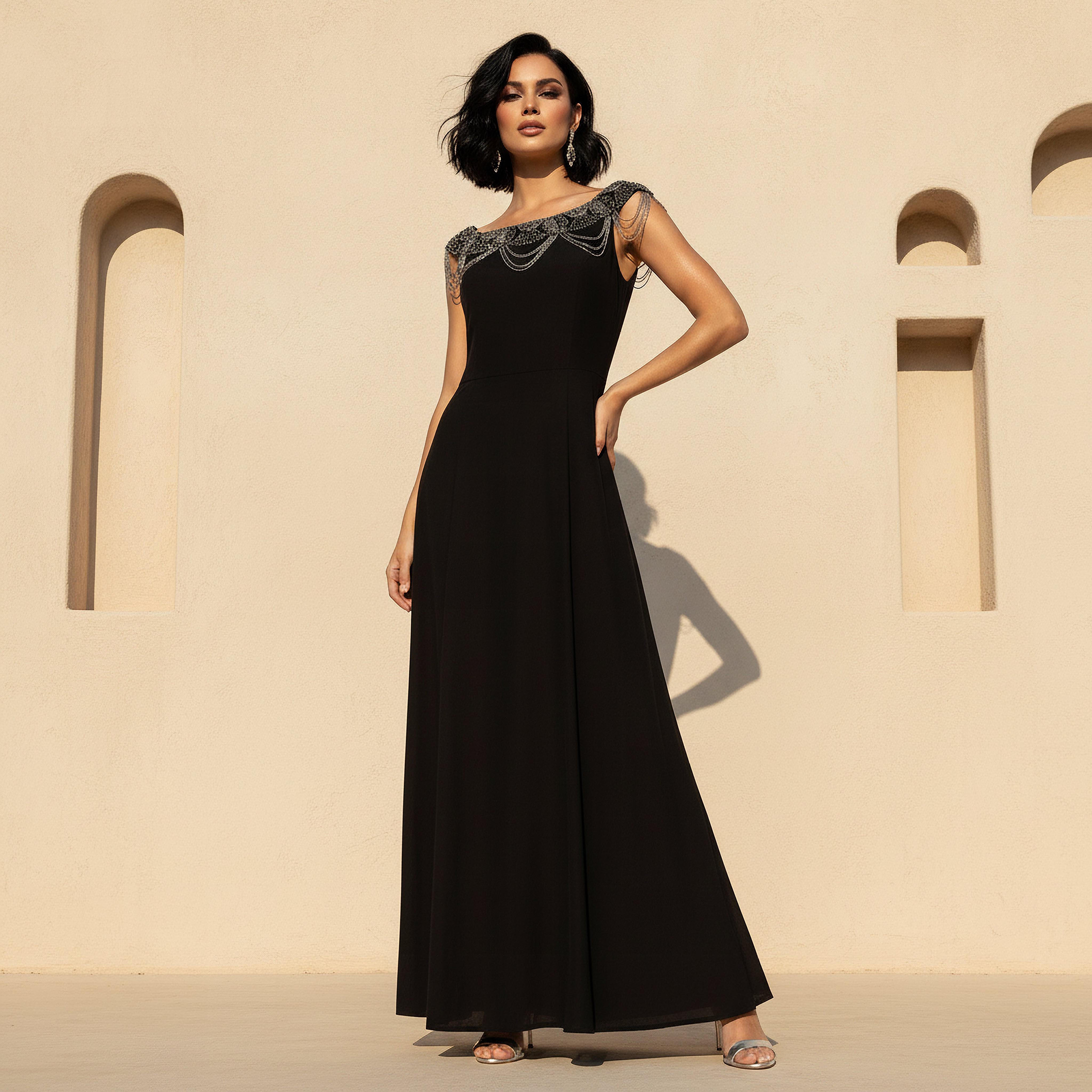 Bead Embellished Party Maxi Dress with Necklace Drape Design-women-clothing-dresses-image-1