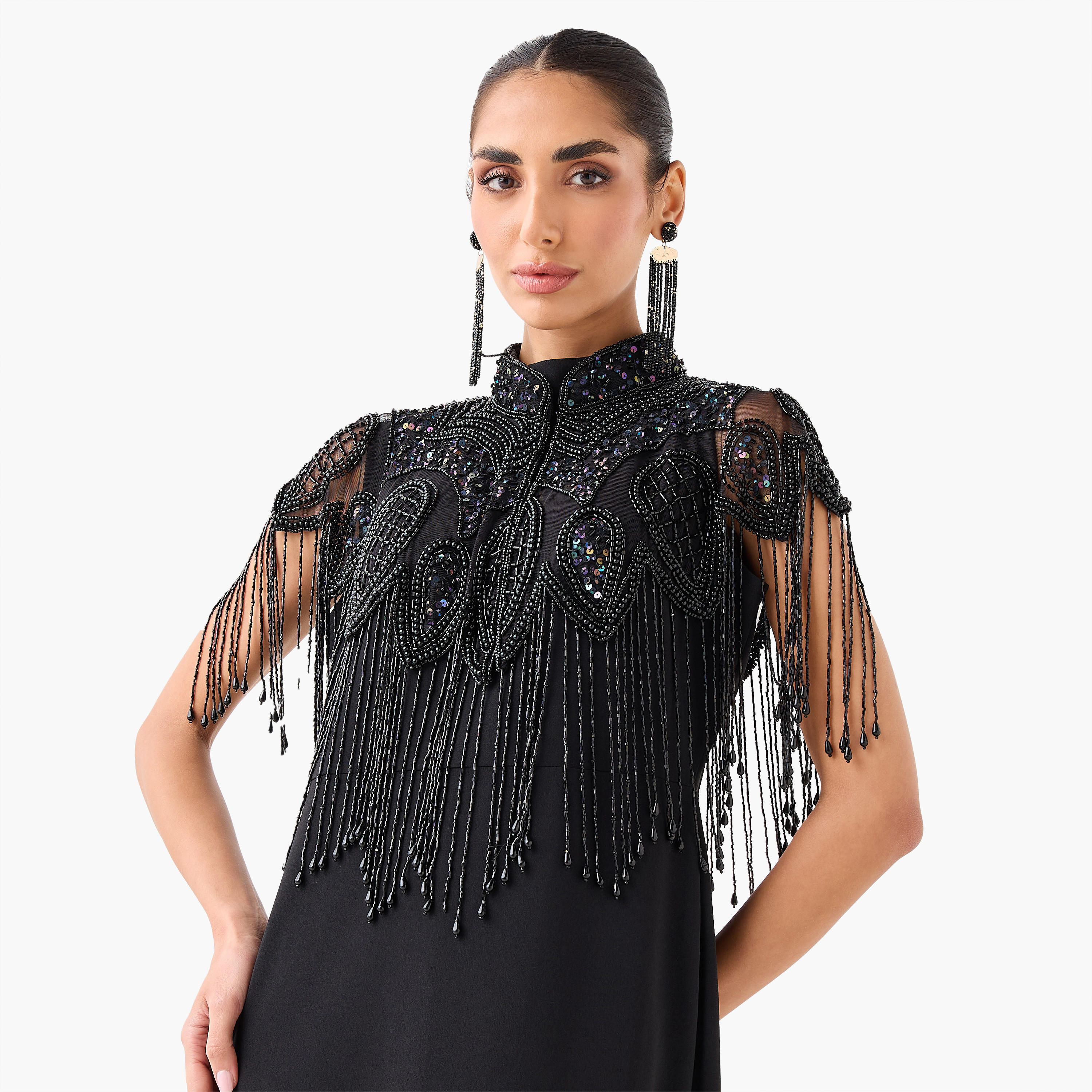 Regular Fit Cape with Bead and Fringe Embellishments-women-clothing-shirtsandblouses-blouses-image-2