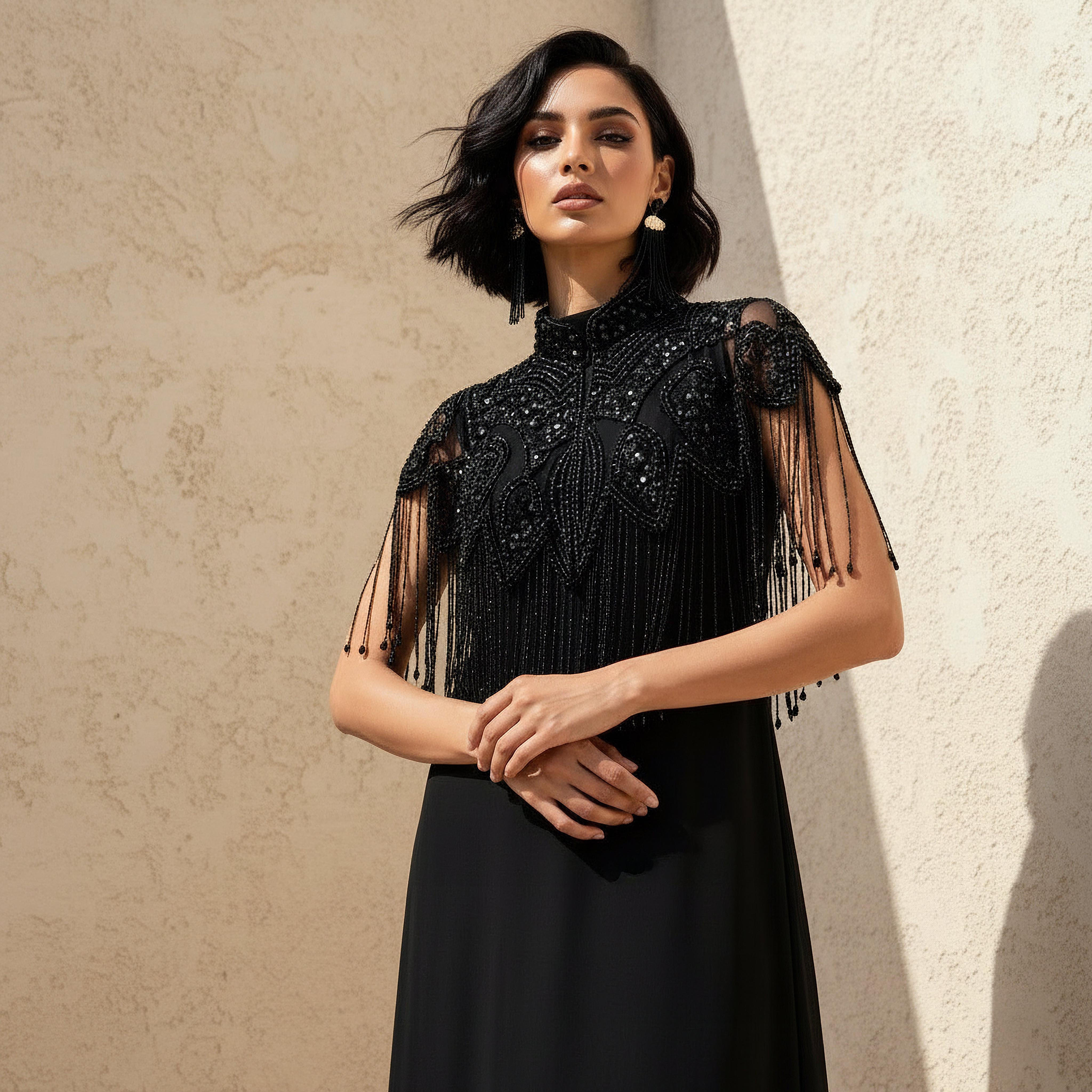 Regular Fit Cape with Bead and Fringe Embellishments-women-clothing-shirtsandblouses-blouses-image-1