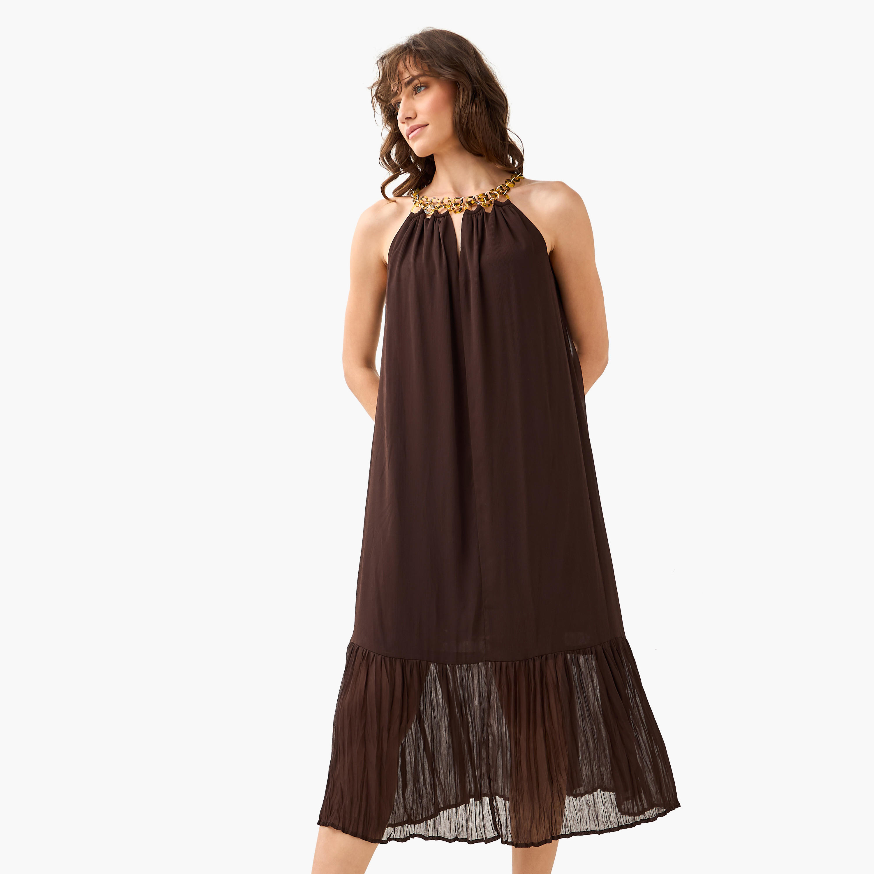 فستان ميدي بقصّة شبه منحرفة بطيات مع ياقة هالتر وتفاصيل سلسلة-women-clothing-dresses-image-2