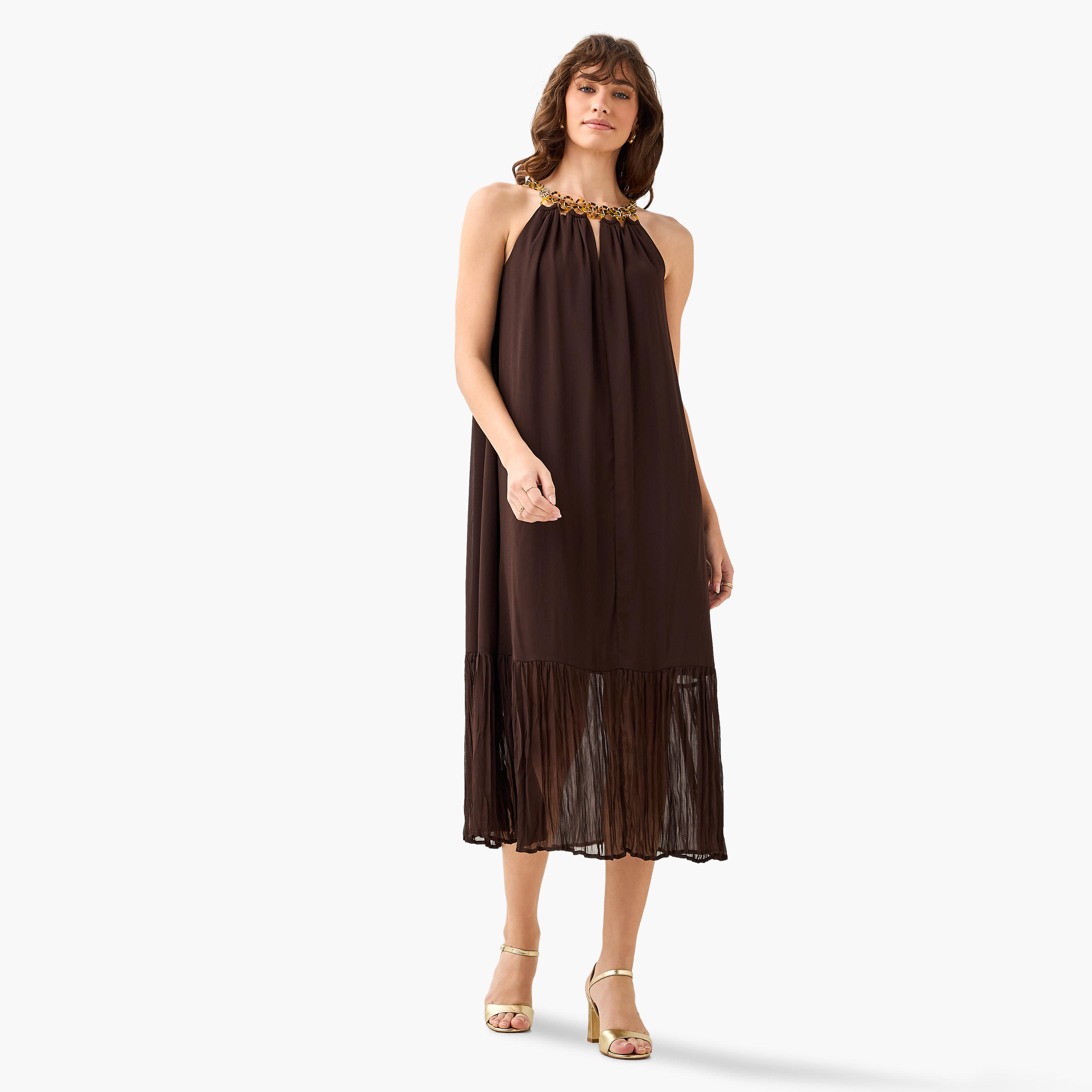 فستان ميدي بقصّة شبه منحرفة بطيات مع ياقة هالتر وتفاصيل سلسلة-women-clothing-dresses-image-3
