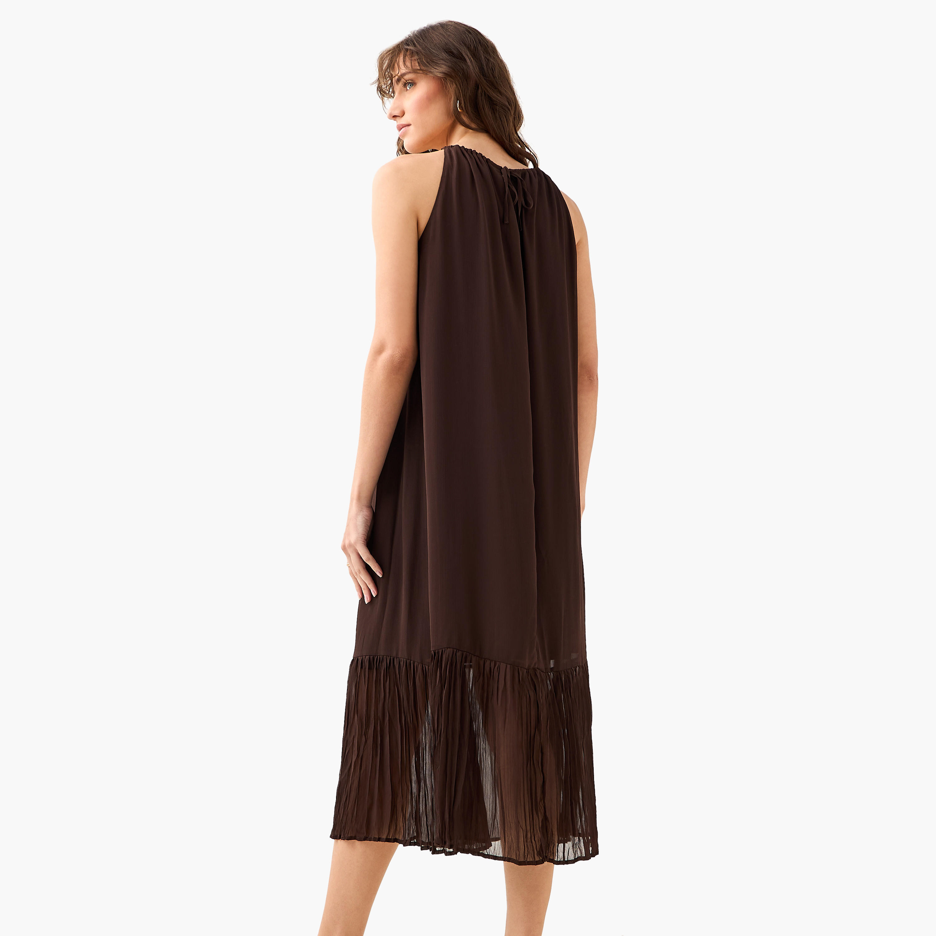 فستان ميدي بقصّة شبه منحرفة بطيات مع ياقة هالتر وتفاصيل سلسلة-women-clothing-dresses-image-4