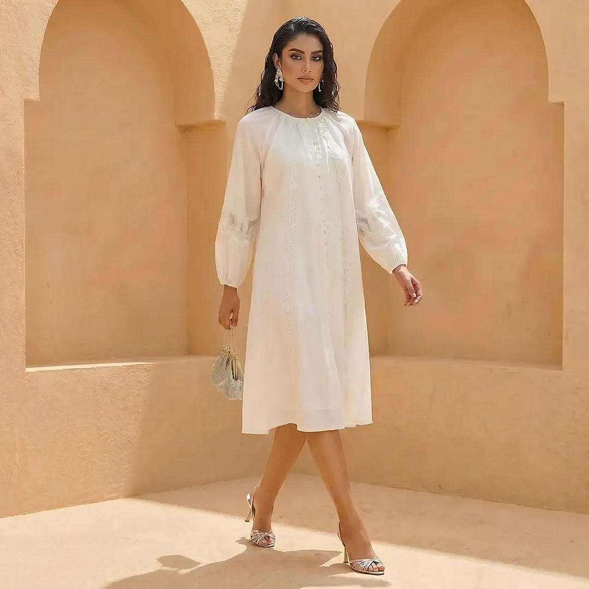 Lace Trim A-line Women Dress with Volume Sleeves-women-clothing-dresses-image-1