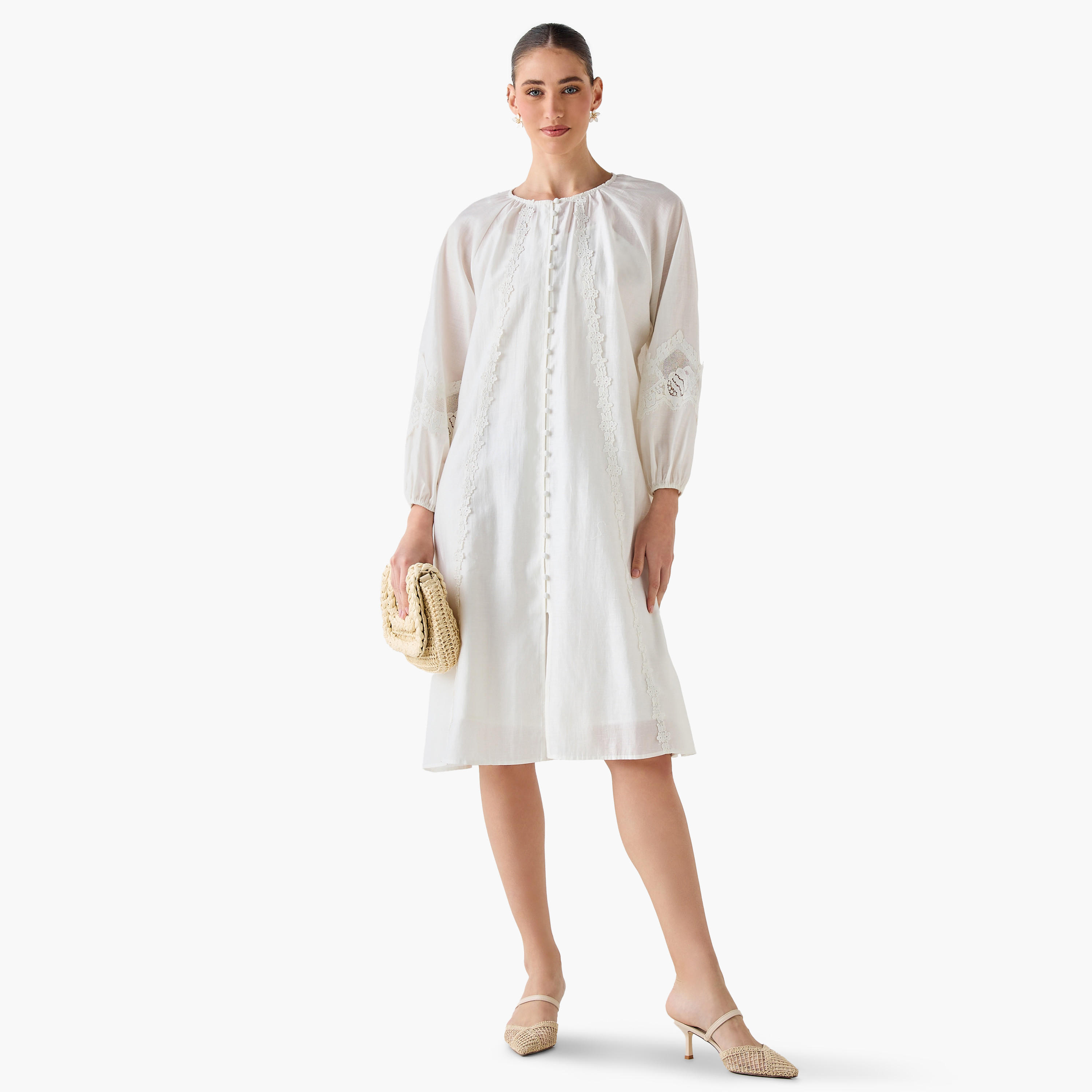 Lace Trim A-line Women Dress with Volume Sleeves-women-clothing-dresses-image-3