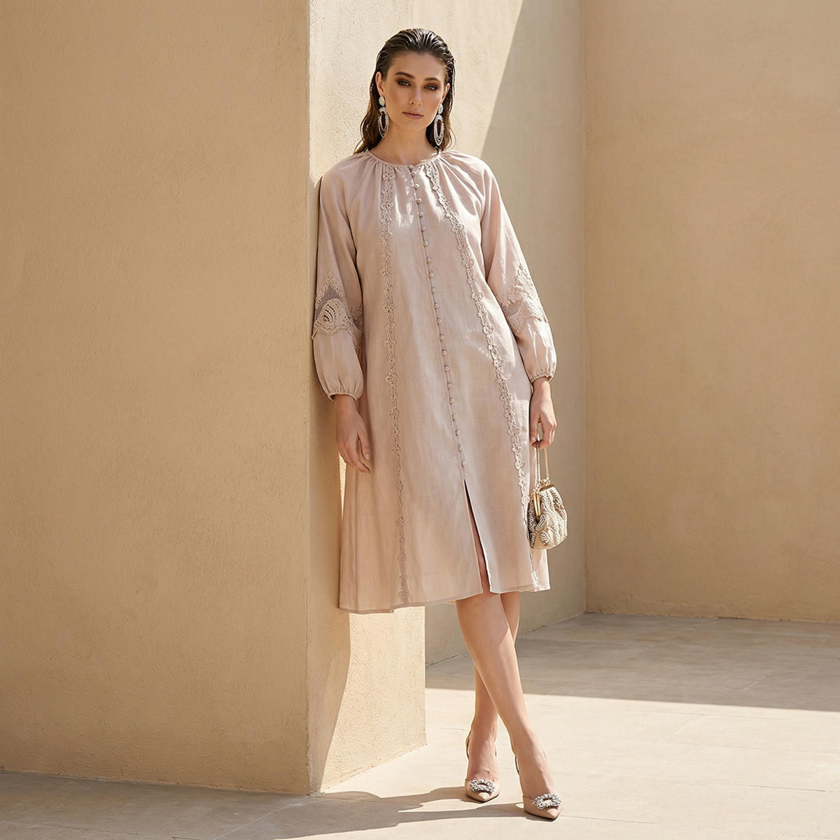فستان بقصّة إيه لاين بحافة دانتيل وأكمام واسعة للنساء-women-clothing-dresses-image-1