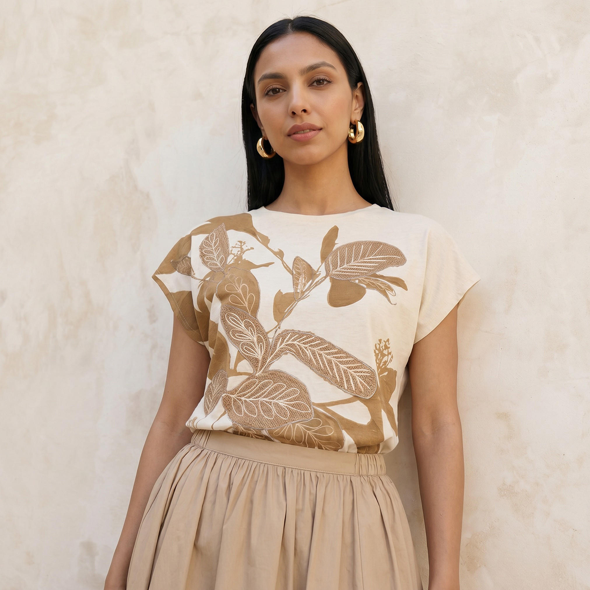 Relaxed Fit T-shirt with Leaf Applique Detail-women-clothing-tshirts-image-1
