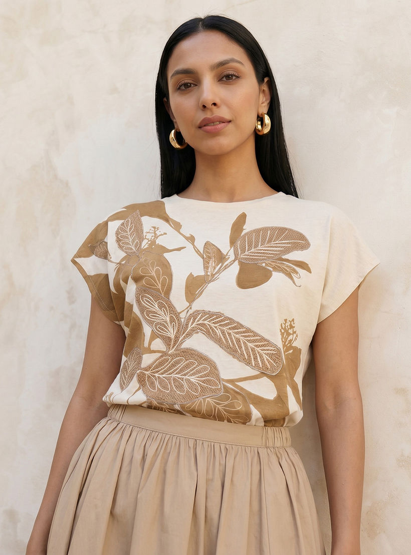 Relaxed Fit T-shirt with Leaf Applique Detail-women-clothing-tshirts-image-1