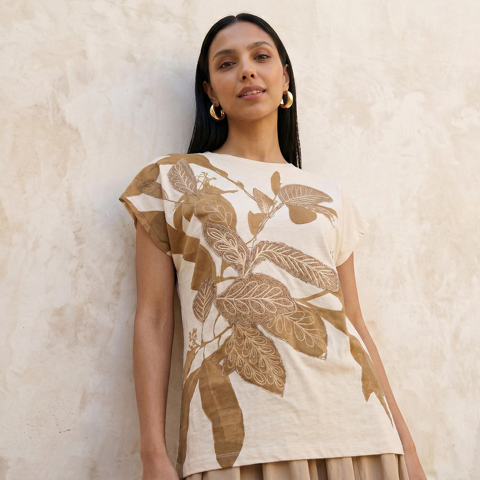 Relaxed Fit T-shirt with Leaf Applique Detail-women-clothing-tshirts-image-5