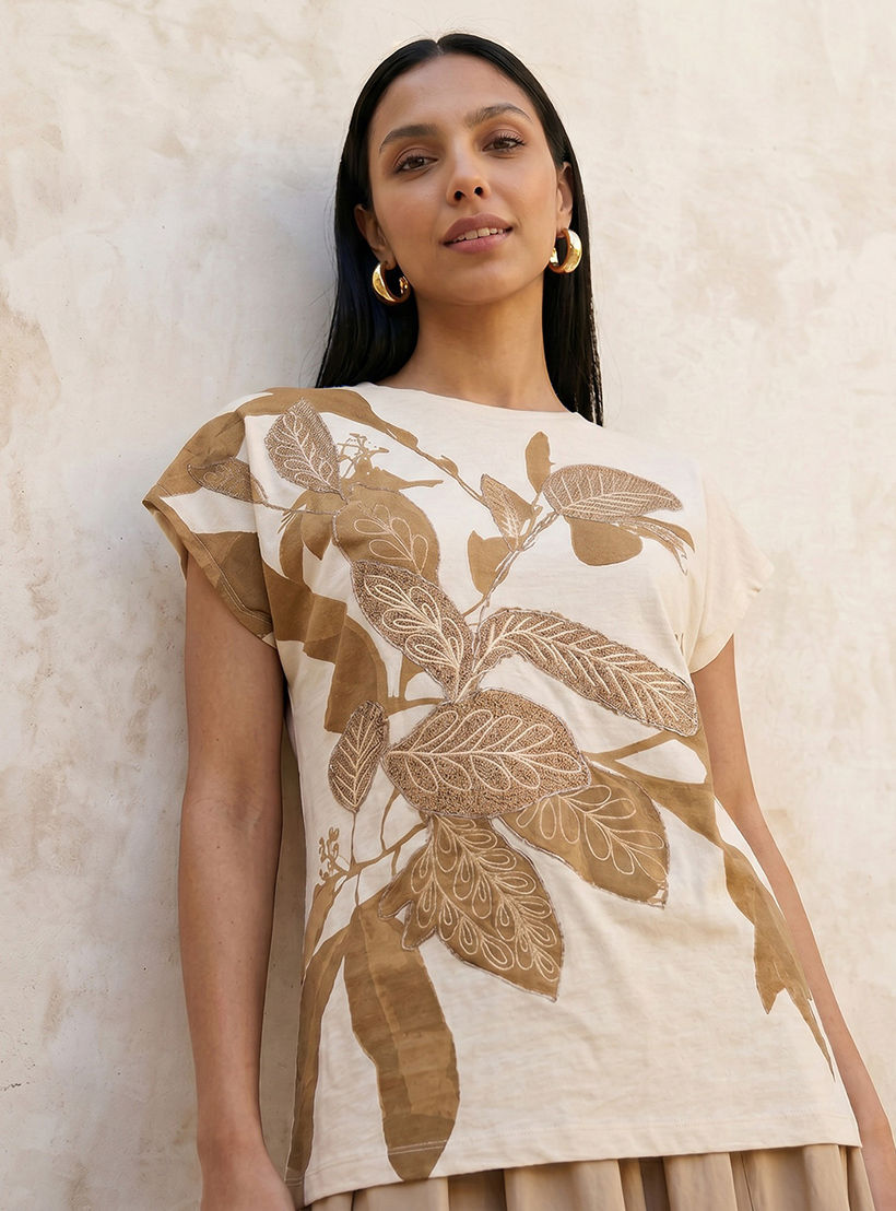 Relaxed Fit T-shirt with Leaf Applique Detail-women-clothing-tshirts-image-5