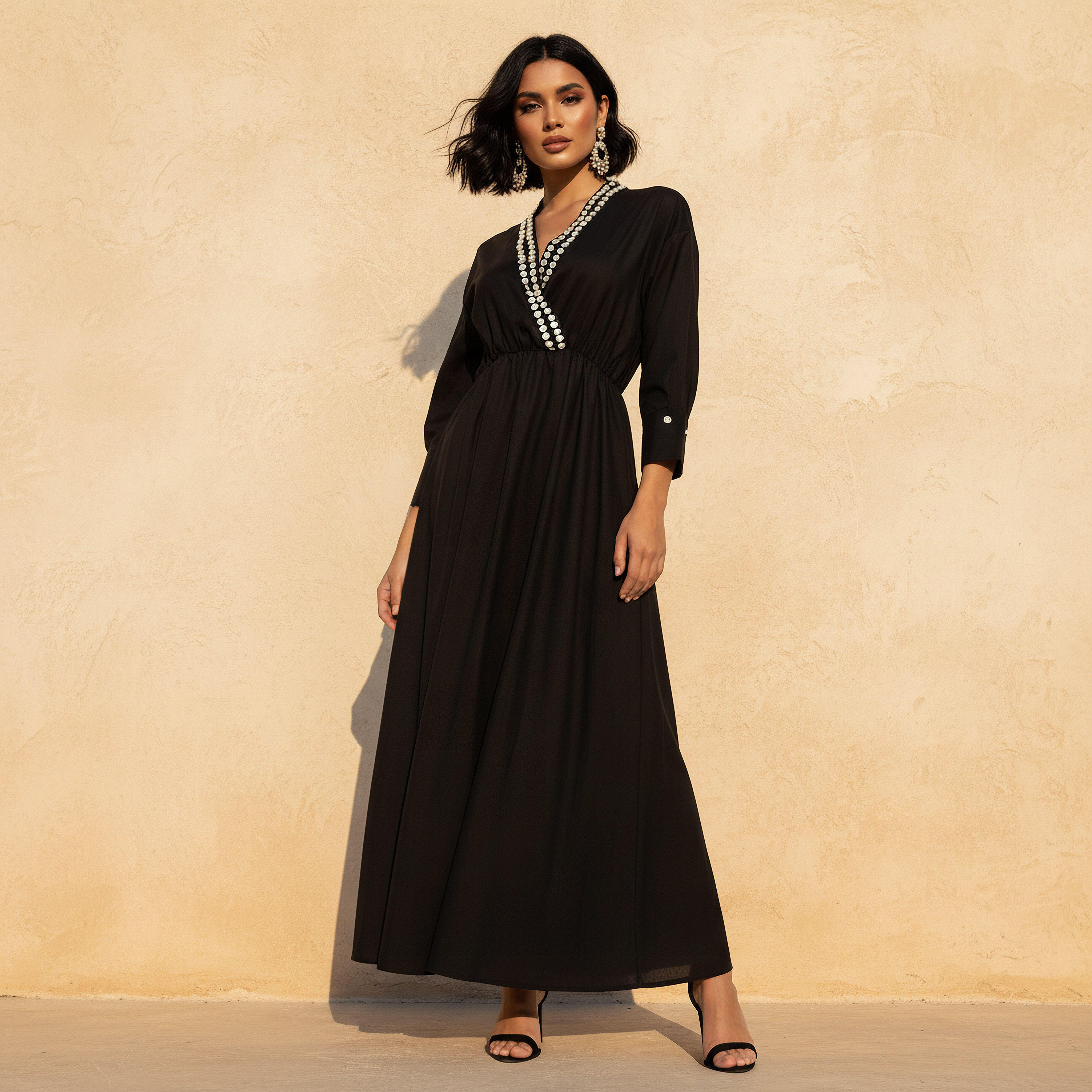 Embellished A-line Women Dress with V-neck-women-clothing-dresses-image-1
