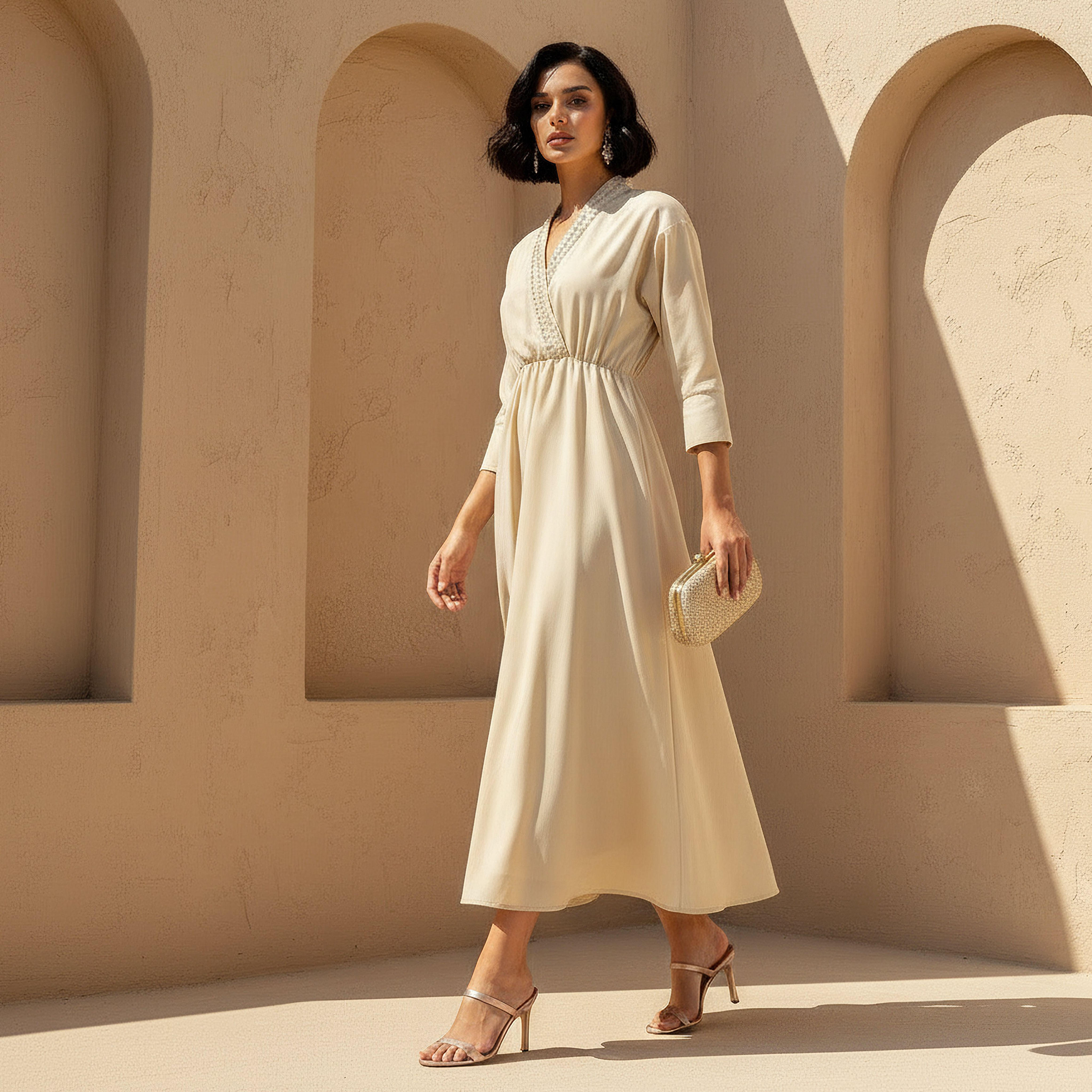 Embellished A-line Women Dress with V-neck-women-clothing-dresses-image-1