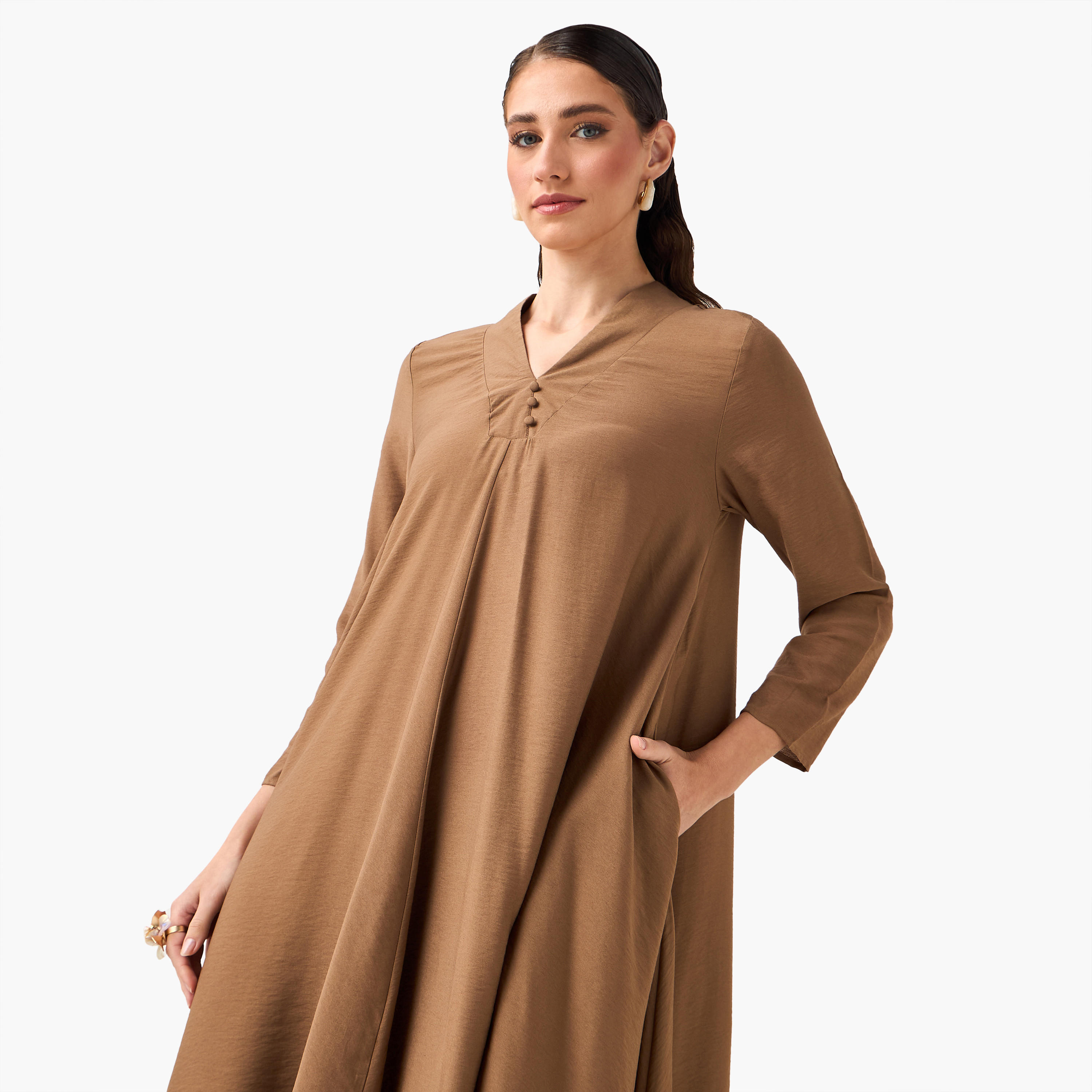 فستان ميدي بقصة إيه لاين وياقة حرف V-women-clothing-dresses-image-7