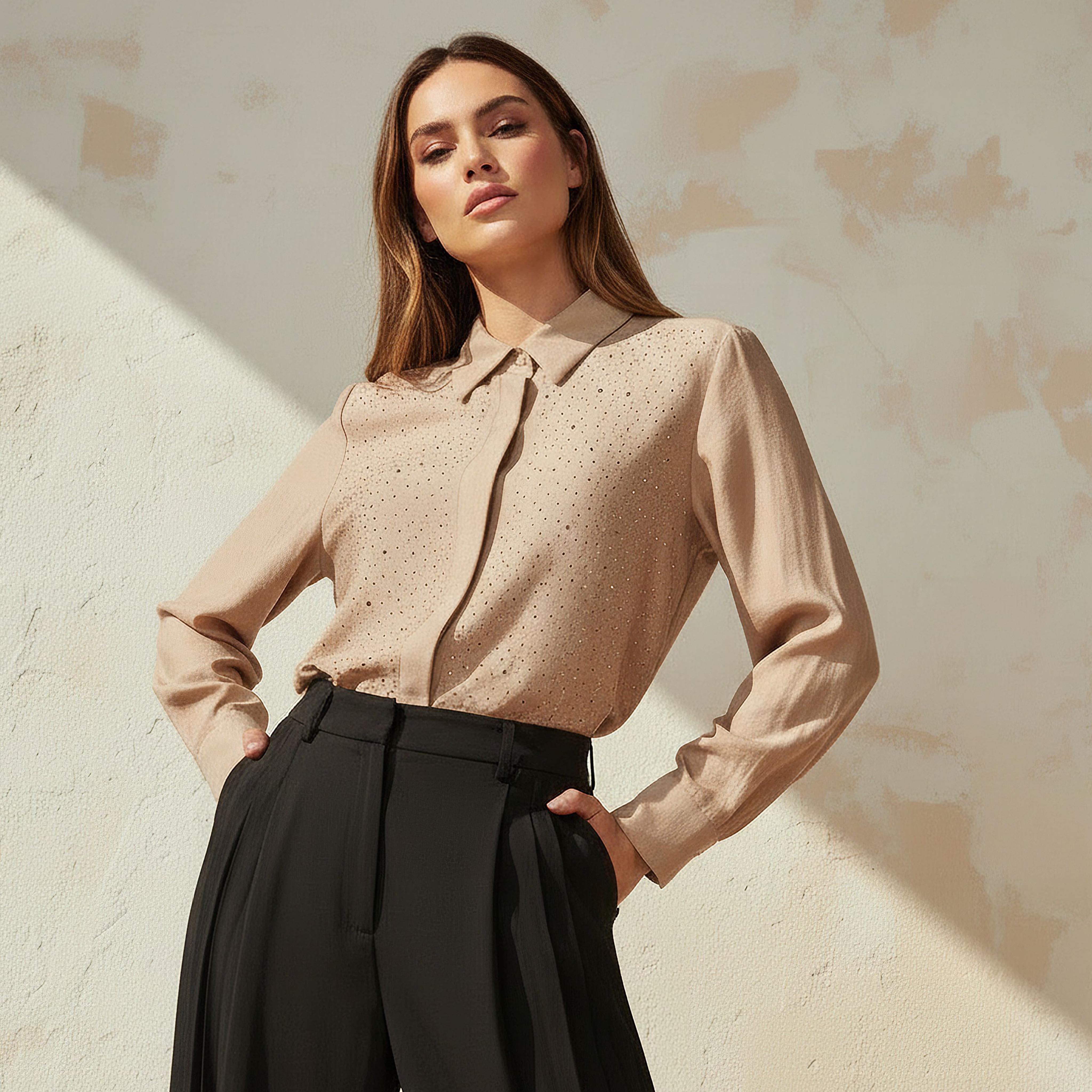 Relaxed Fit Linen Blend Shirt with Stud Embellishment-women-clothing-shirtsandblouses-shirts-image-1