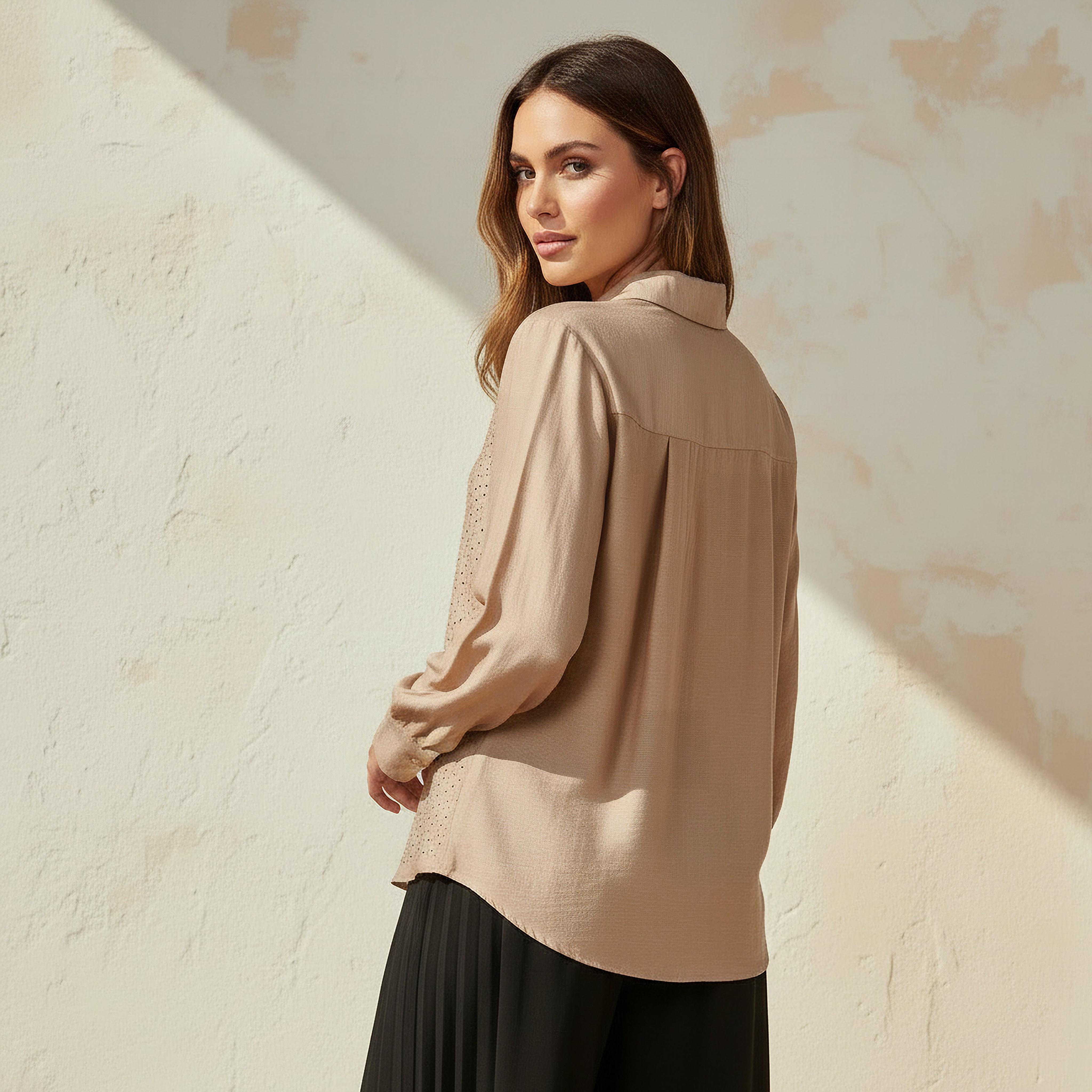 Relaxed Fit Linen Blend Shirt with Stud Embellishment-women-clothing-shirtsandblouses-shirts-image-4