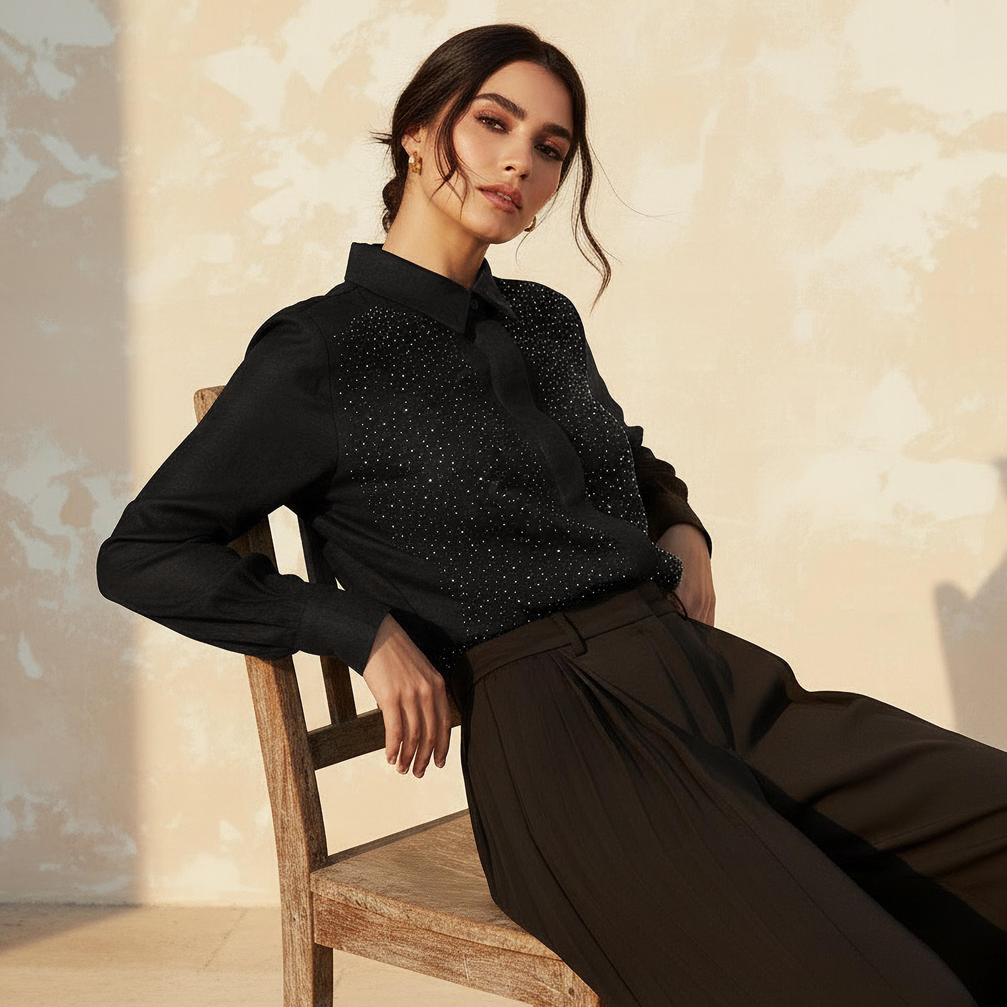 Relaxed Fit Linen Blend Shirt with Stud Embellishment-women-clothing-shirtsandblouses-shirts-image-1
