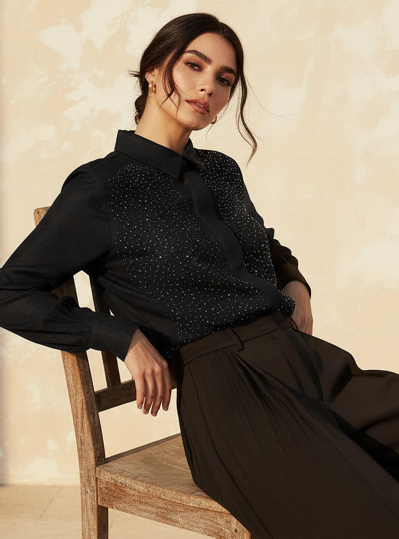 Relaxed Fit Linen Blend Shirt with Stud Embellishment-women-clothing-shirtsandblouses-shirts-image-1