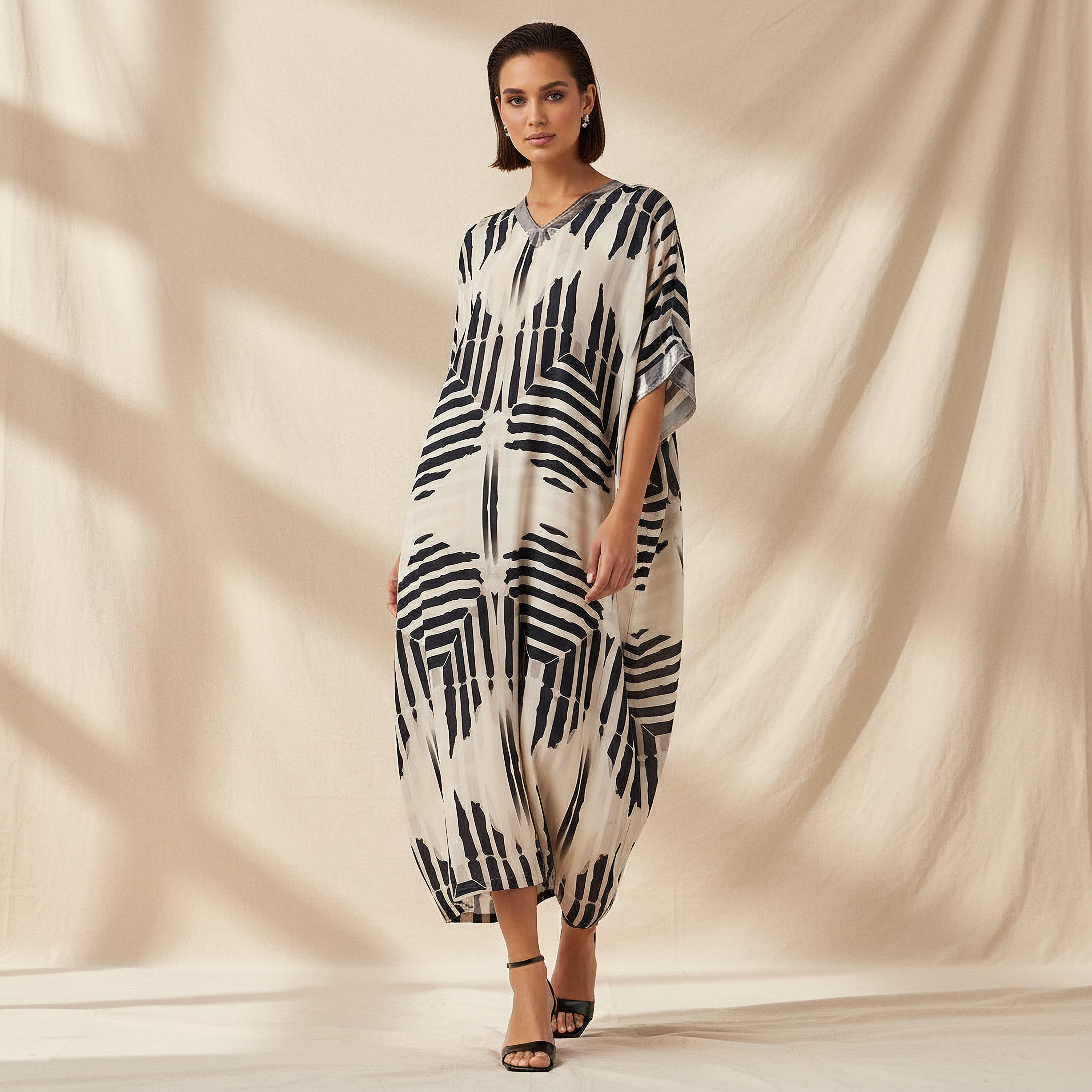 Tie-Dye Print Kaftan Women Dress with V-neck-women-clothing-dresses-image-1