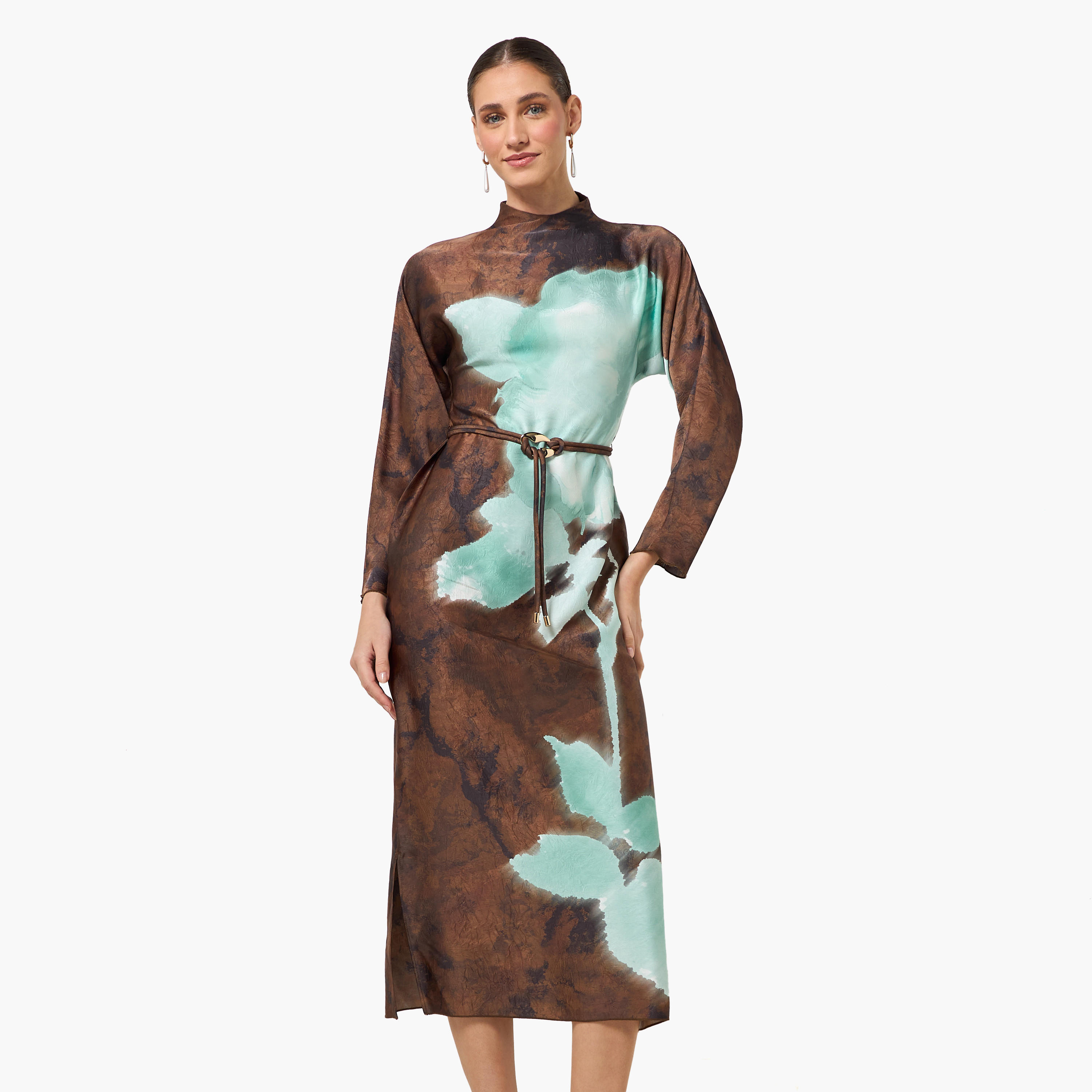 فستان ميدي بياقة عالية وطبعات للنساء-women-clothing-dresses-image-2