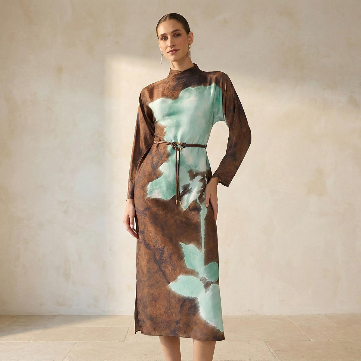 فستان ميدي بياقة عالية وطبعات للنساء-women-clothing-dresses-image-1