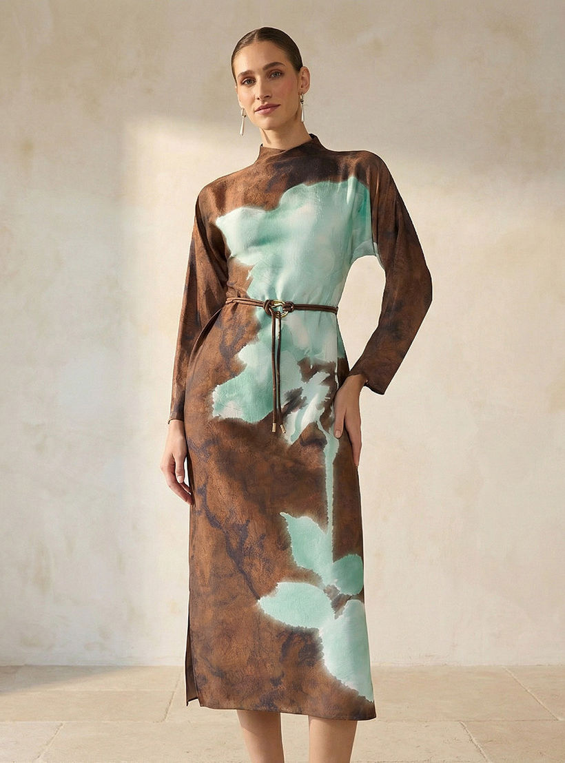 فستان ميدي بياقة عالية وطبعات للنساء-women-clothing-dresses-image-1