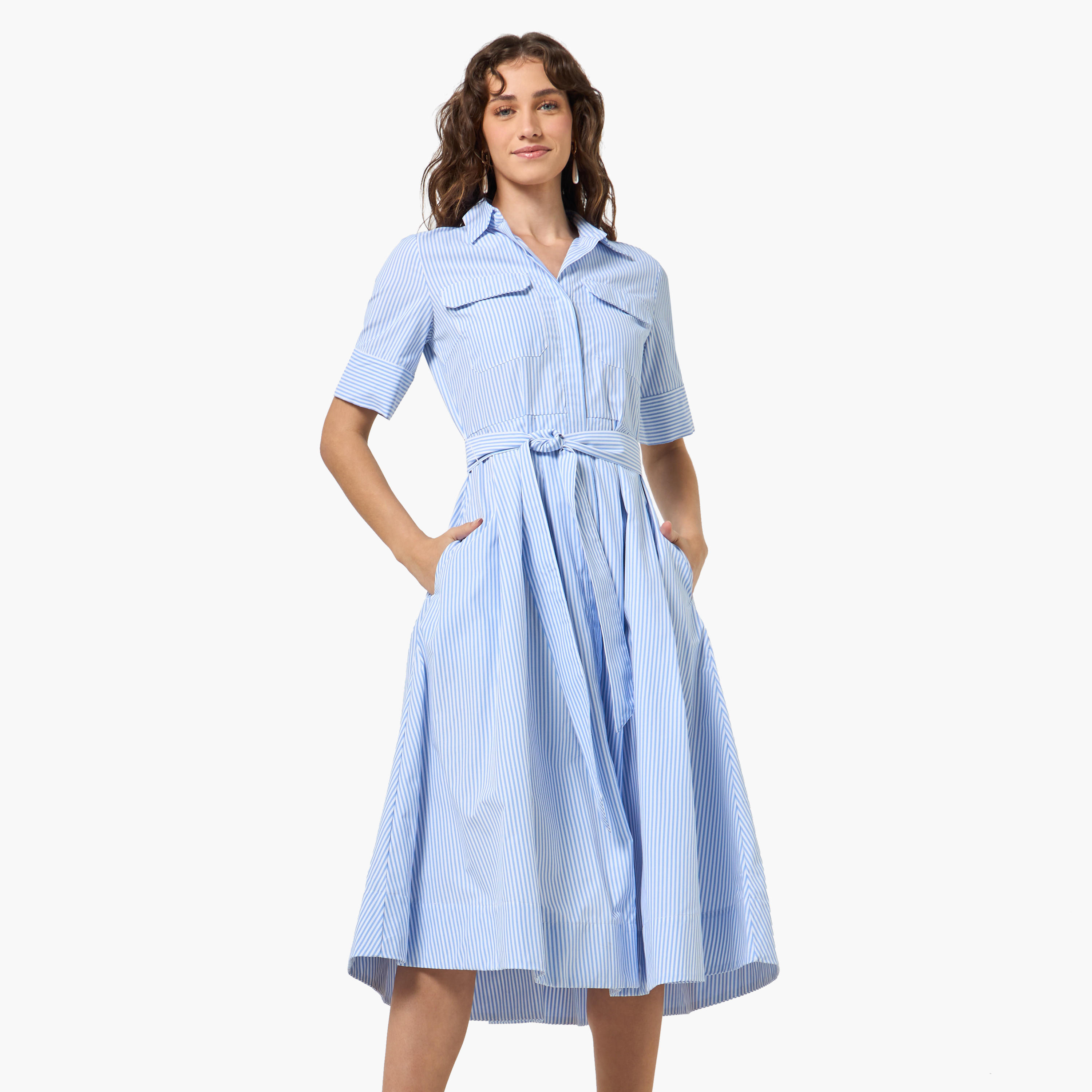 Striped Shirt Style Women Dress with Pockets-women-clothing-dresses-image-1