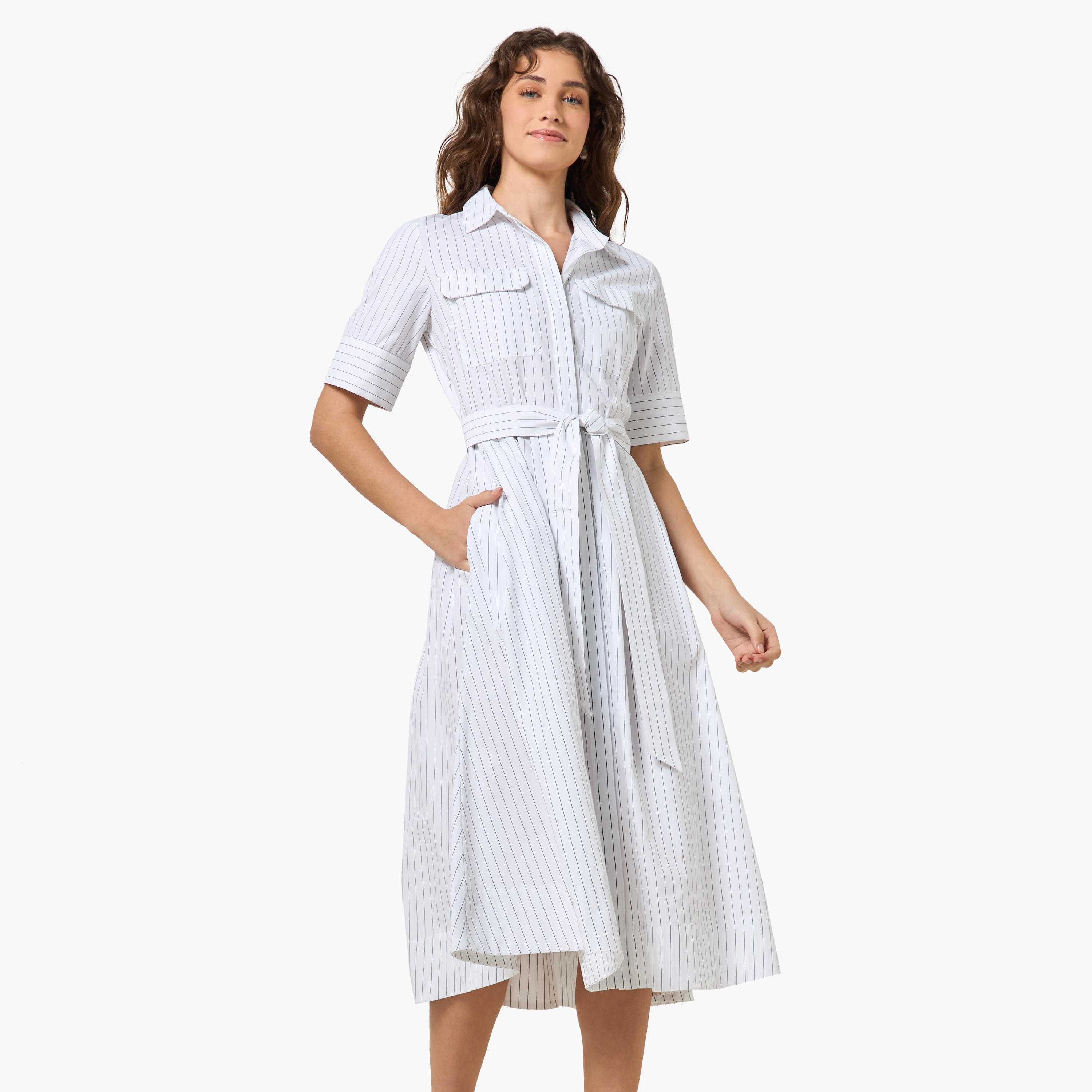 Striped Shirt Style Women Dress with Pockets-women-clothing-dresses-image-1