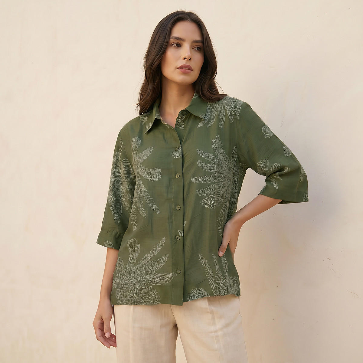 Relaxed Fit Shirt with Leaf Print-women-clothing-shirtsandblouses-shirts-image-1