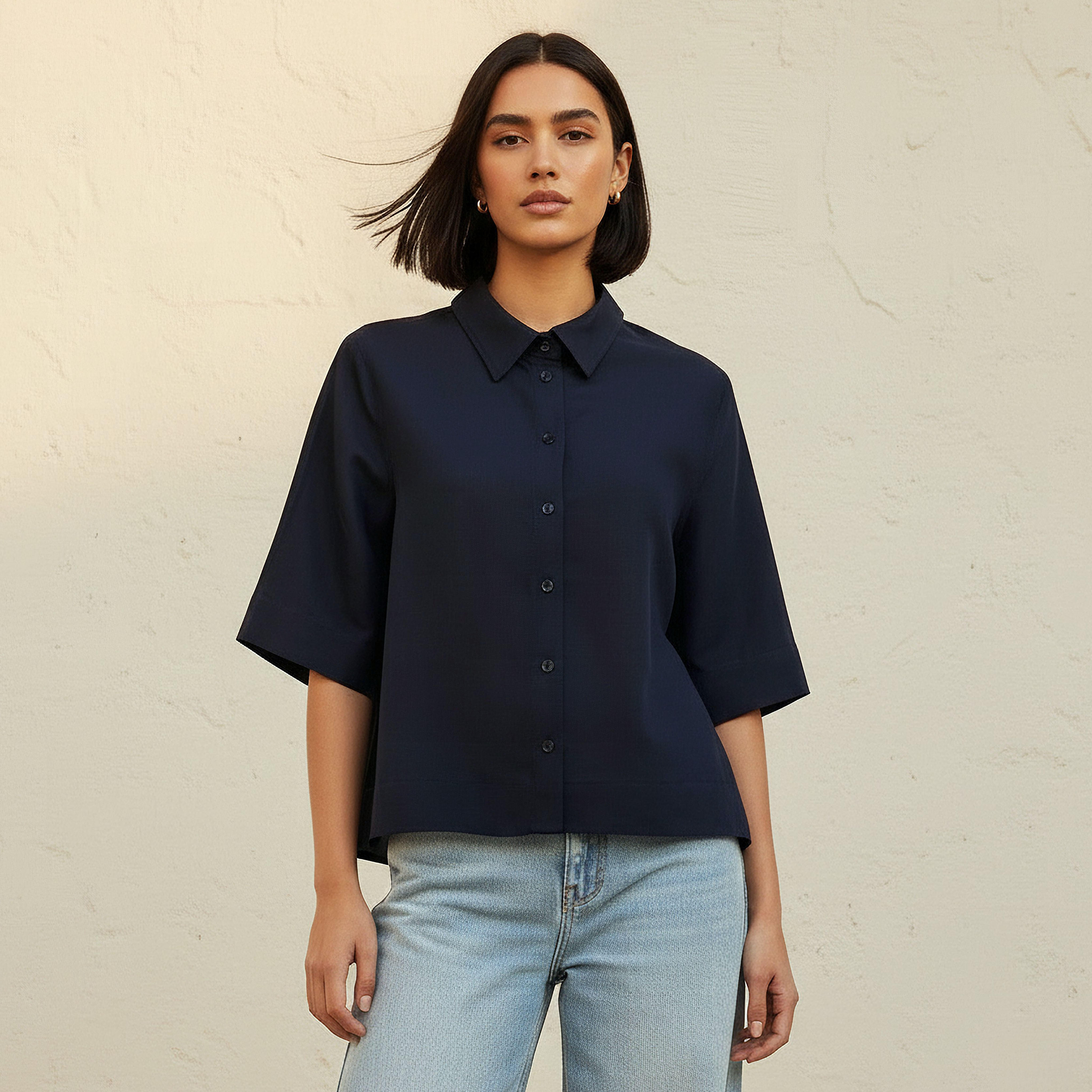 Relaxed Fit Linen Blend Shirt with Collar-women-clothing-shirtsandblouses-shirts-image-1