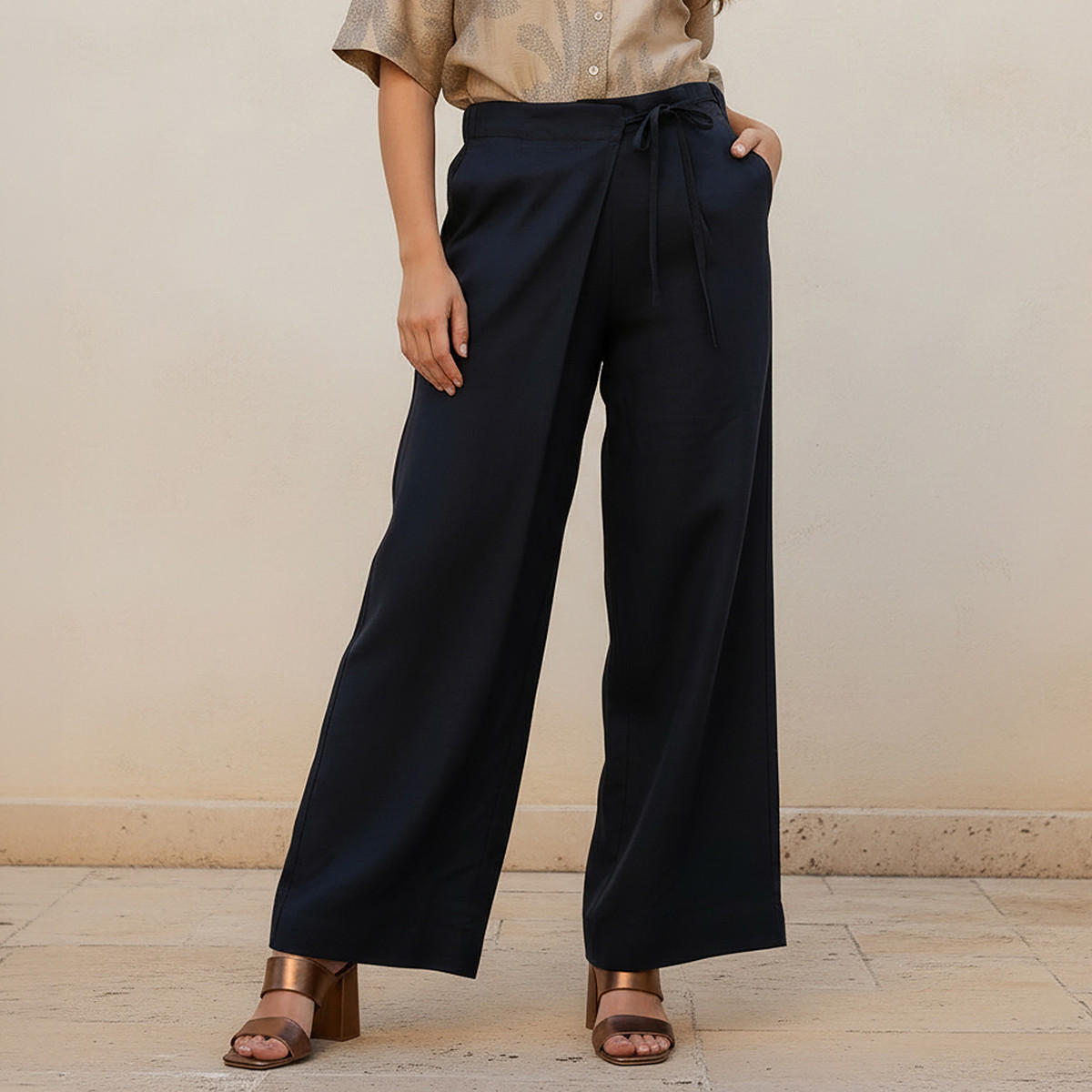 Relaxed Fit Tie-Up Detail Linen Blend Pants-women-clothing-coordsets-image-1