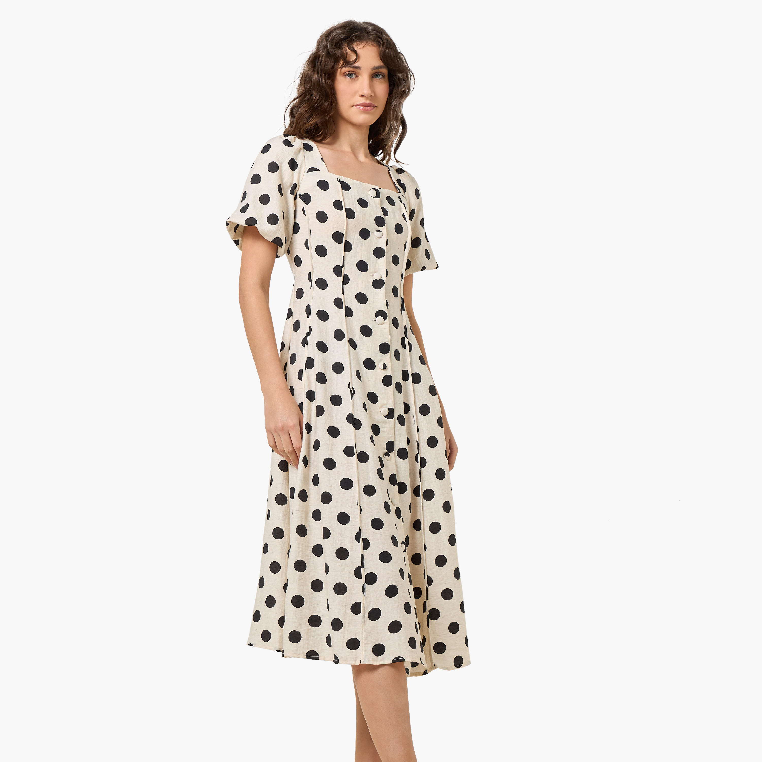 Polka Dot Print A-line Midi Women Dress with Square Neck-women-clothing-dresses-image-1