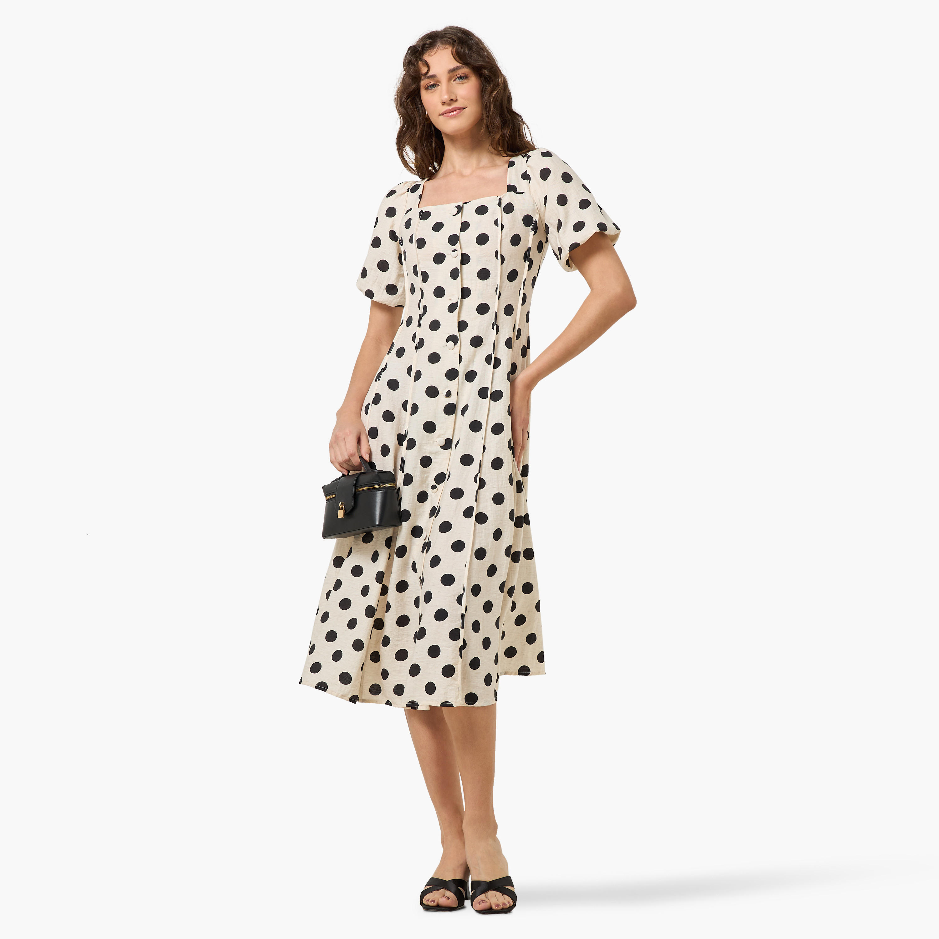 Polka Dot Print A-line Midi Women Dress with Square Neck-women-clothing-dresses-image-3