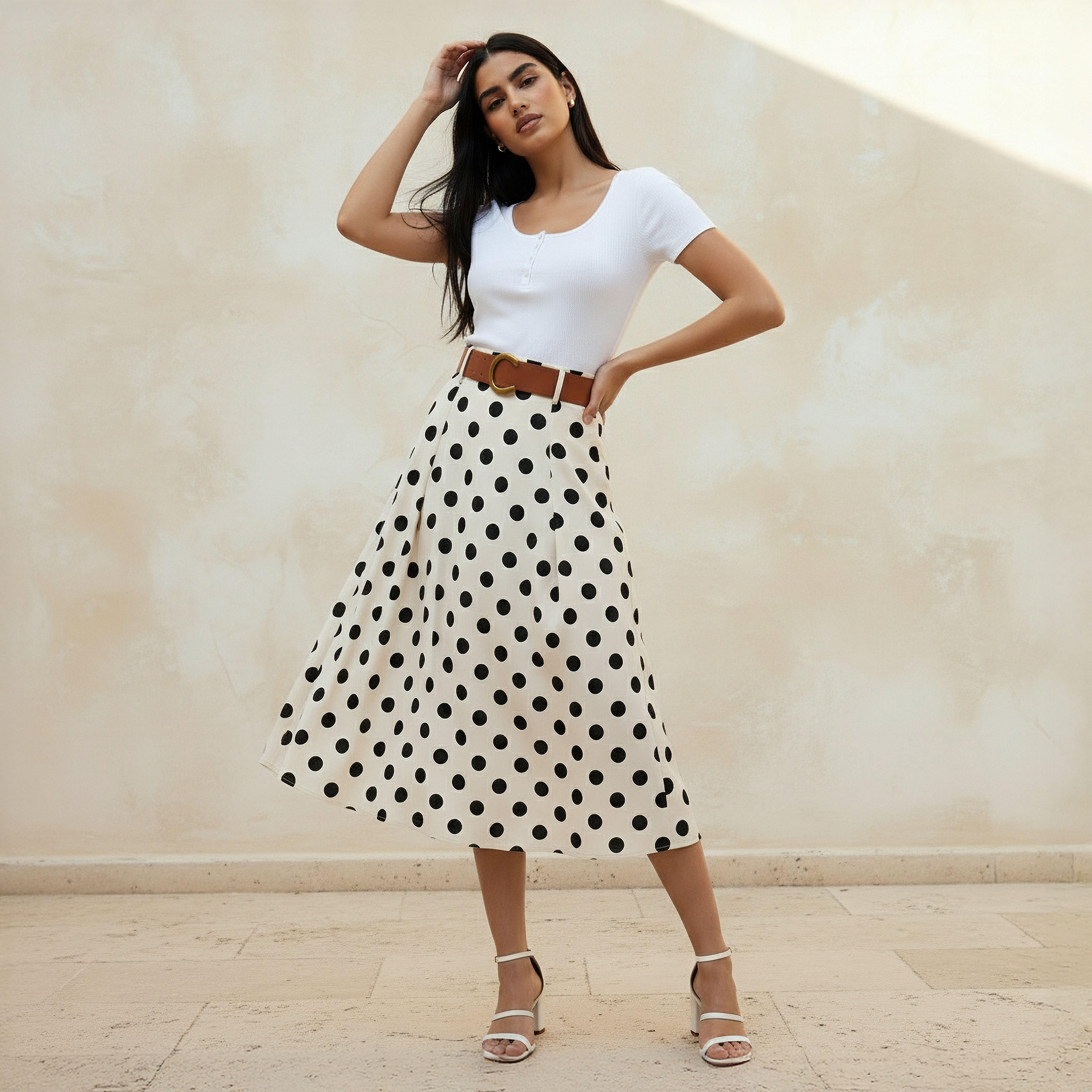 Midi Cotton A-line Skirt with Polka Dot Print-women-clothing-bottoms-skirts-image-3