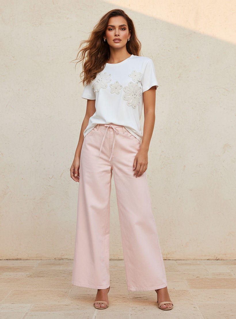 Relaxed Fit T-shirt with Crochet Floral Embellishment-women-clothing-tshirts-image-3