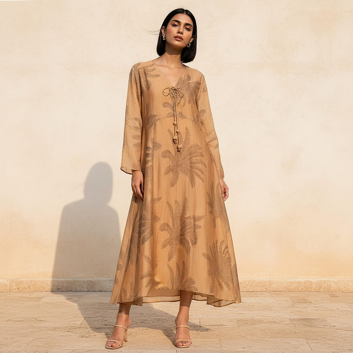 A-line Midi Dress with Leaf Print-women-clothing-dresses-image-1