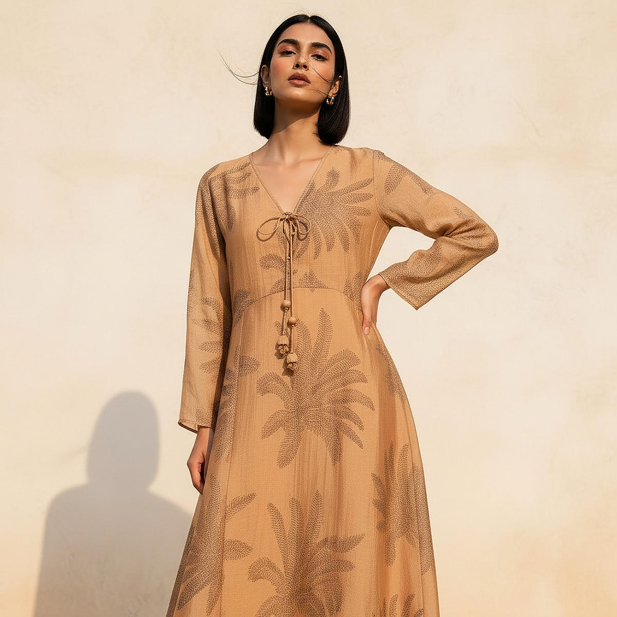 A-line Midi Dress with Leaf Print-women-clothing-dresses-image-3