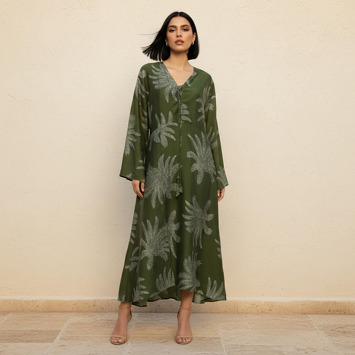 A-line Midi Dress with Leaf Print-women-clothing-dresses-image-1