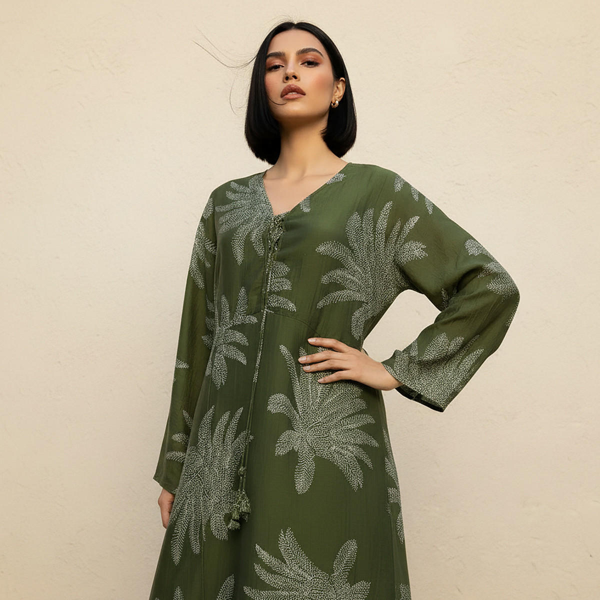 A-line Midi Dress with Leaf Print-women-clothing-dresses-image-3