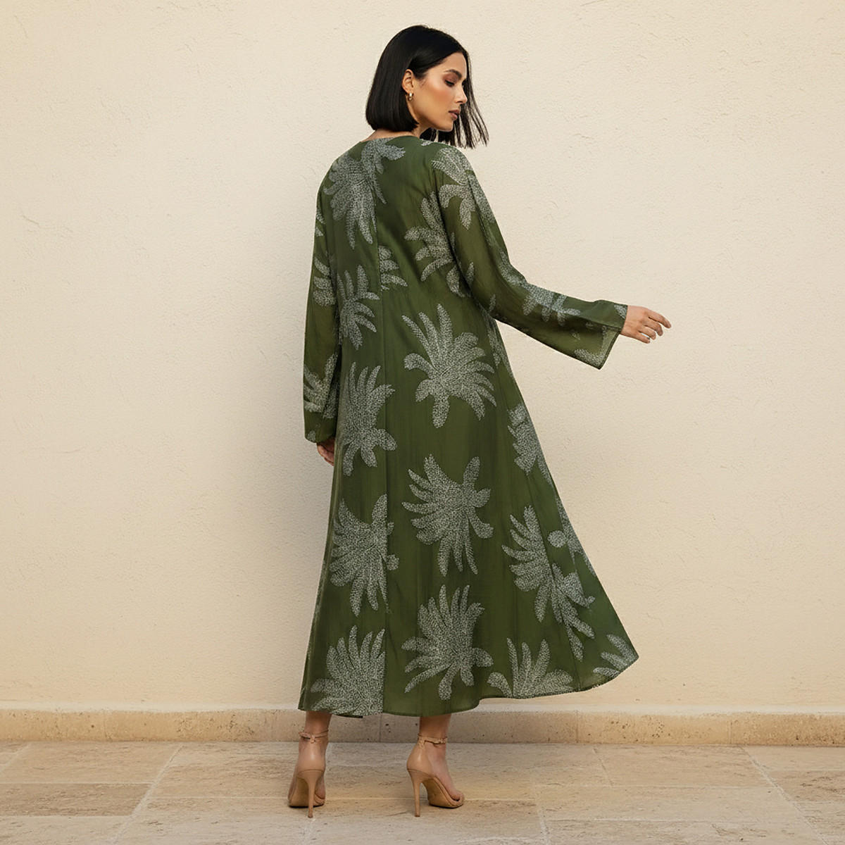 A-line Midi Dress with Leaf Print-women-clothing-dresses-image-4