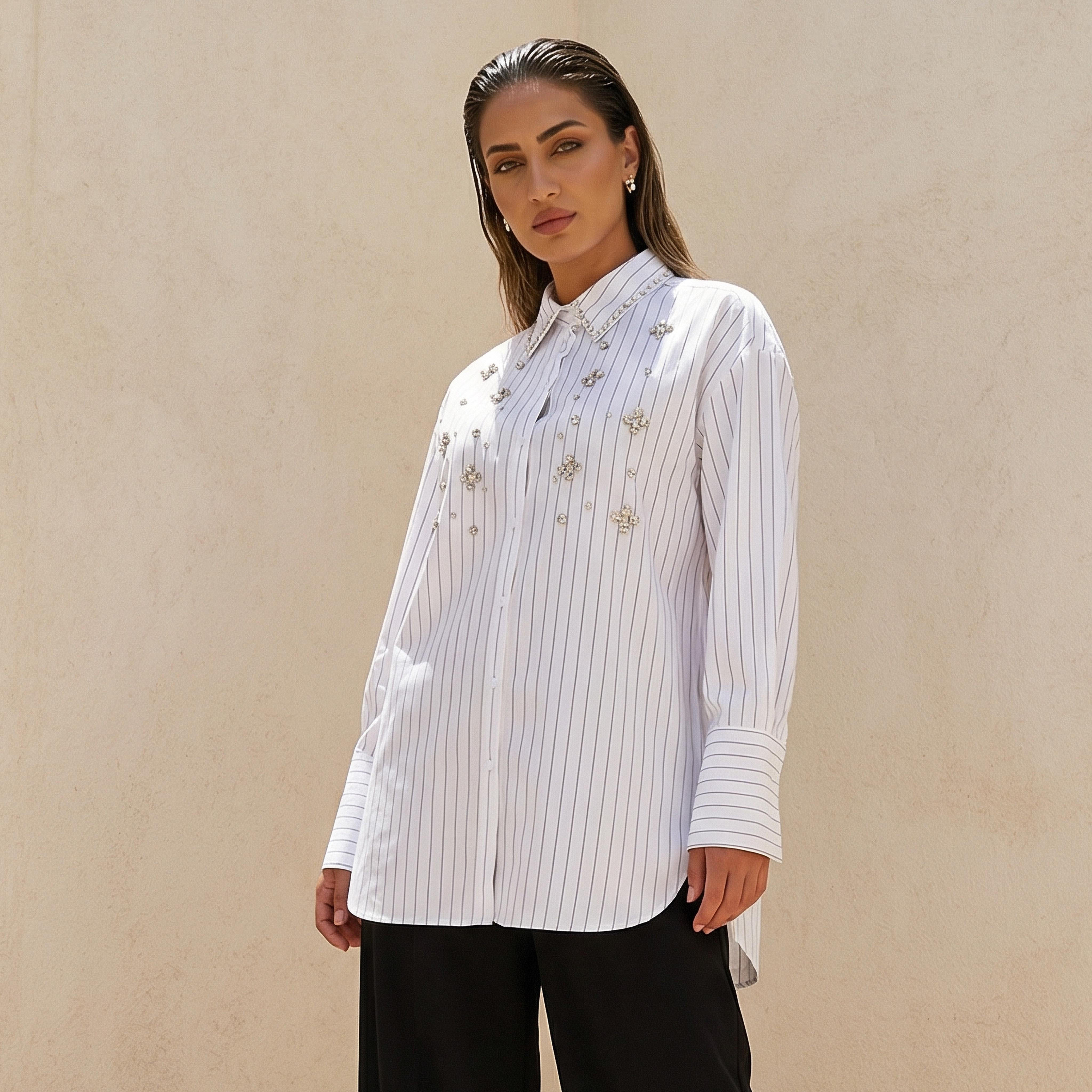 Relaxed Fit Poplin Shirt with Embellishments and Stripes-women-clothing-shirtsandblouses-shirts-image-1