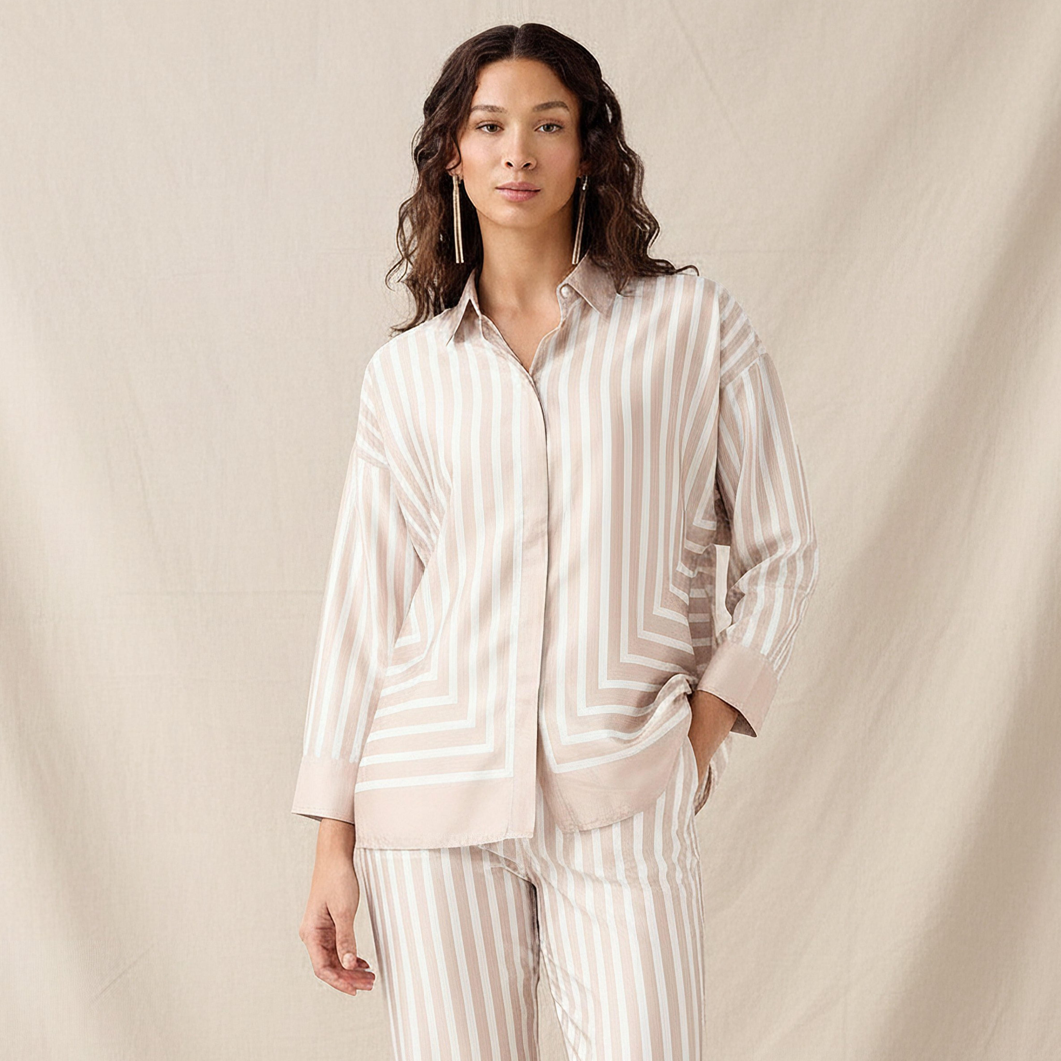 Relaxed Fit Shirt with Stripes and Contrast Collar-women-clothing-shirtsandblouses-shirts-image-1