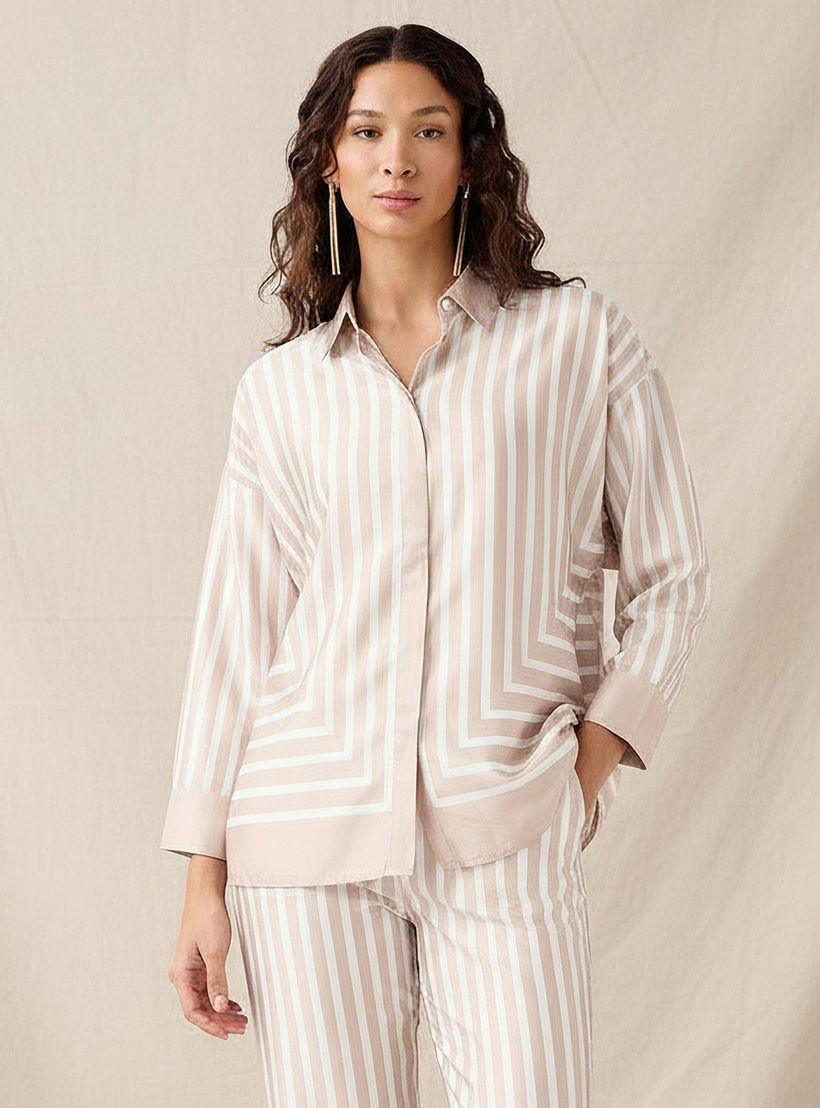 Relaxed Fit Shirt with Stripes and Contrast Collar-women-clothing-shirtsandblouses-shirts-image-1