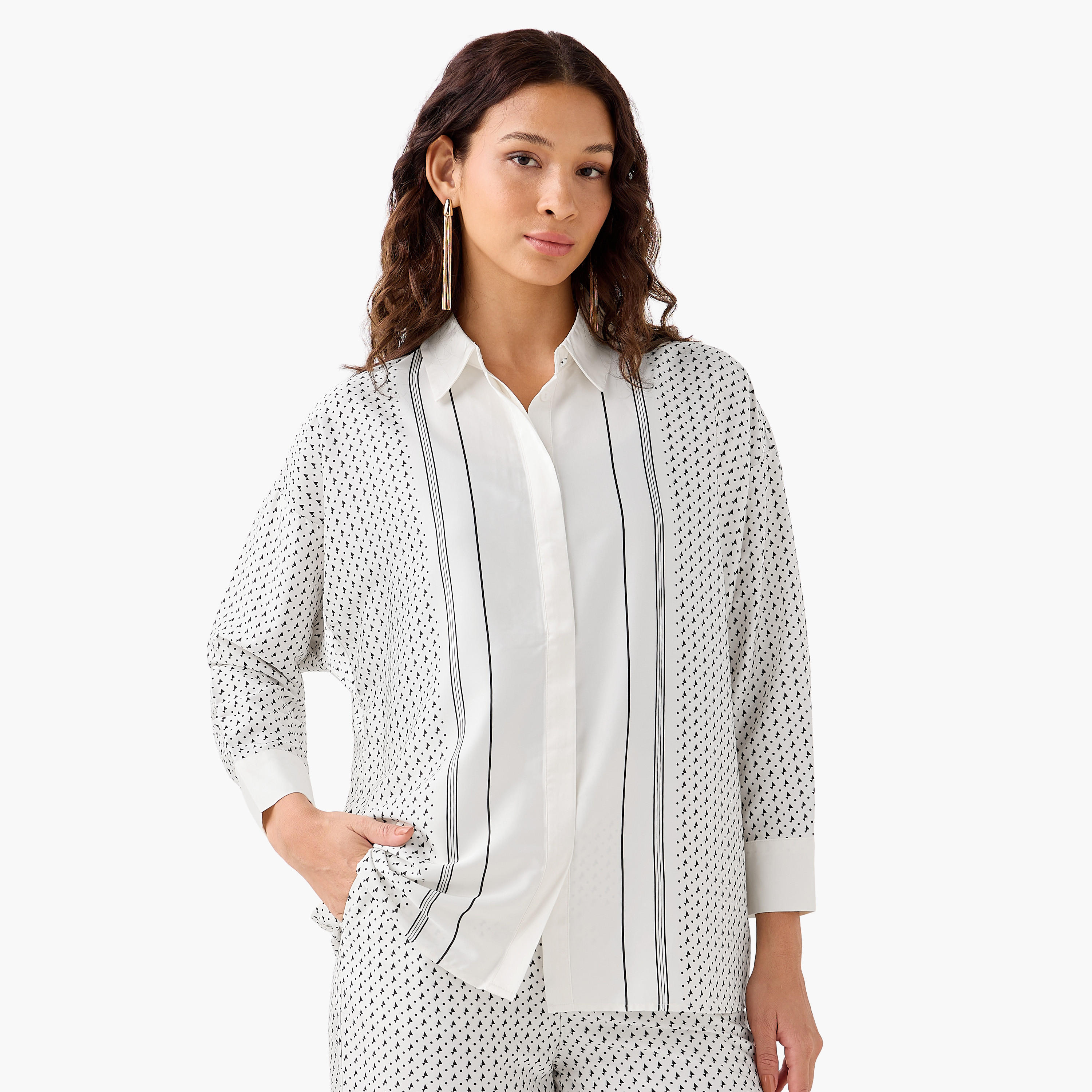 Relaxed Fit Printed Shirt with Contrast Collar-women-clothing-shirtsandblouses-shirts-image-1