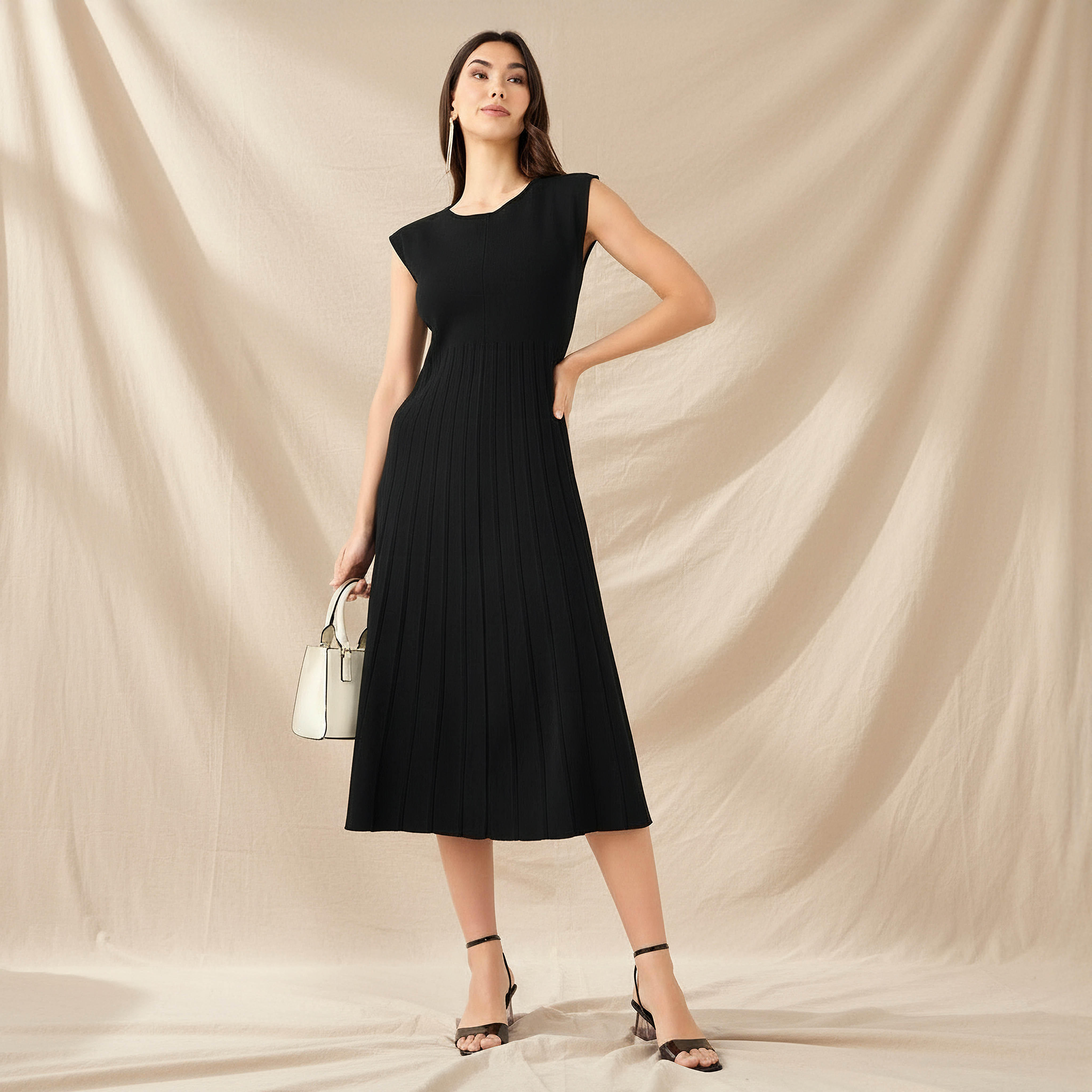 A-line Midi Sleeveless Dress with Pleated Design-women-clothing-dresses-image-1