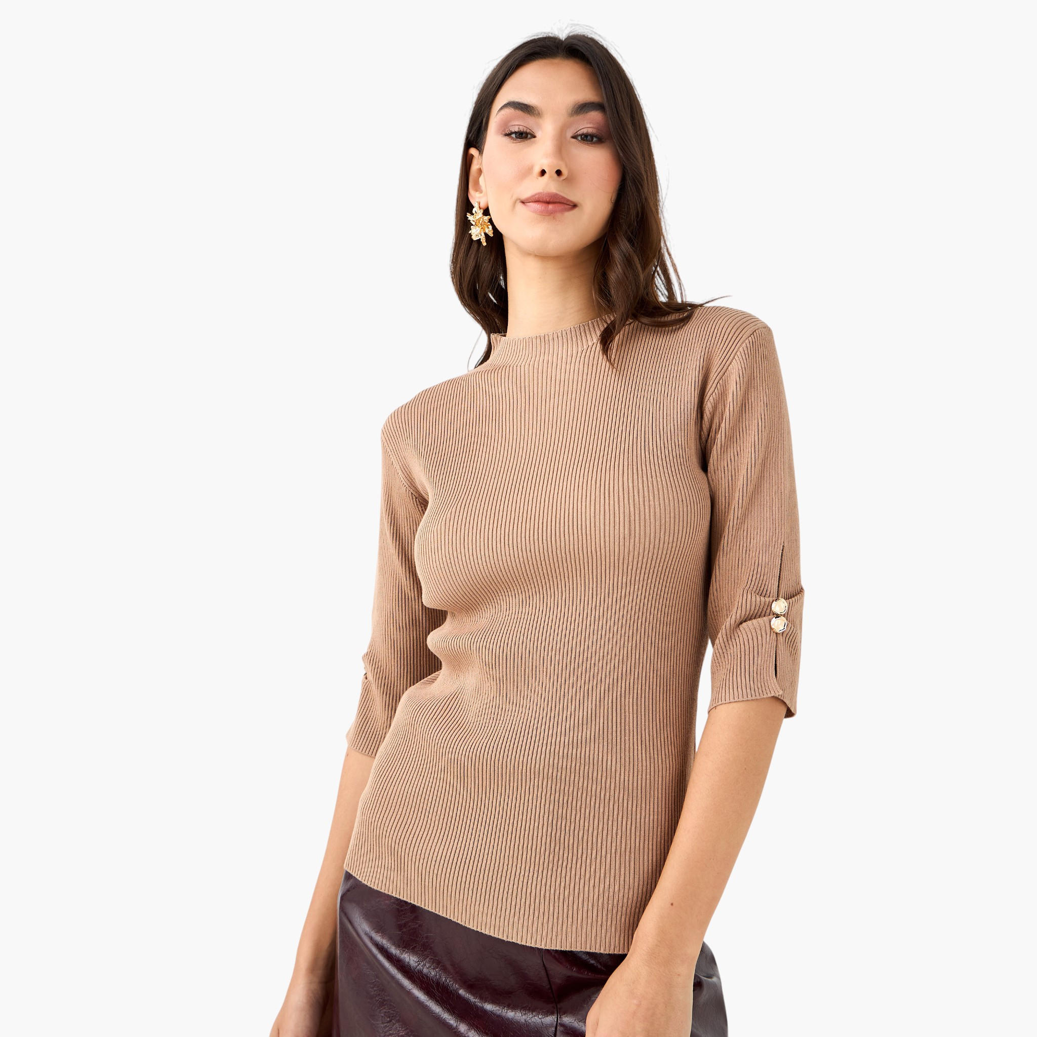 T-shirt with Ribbed Design and High Neck-women-clothing-tshirts-image-6