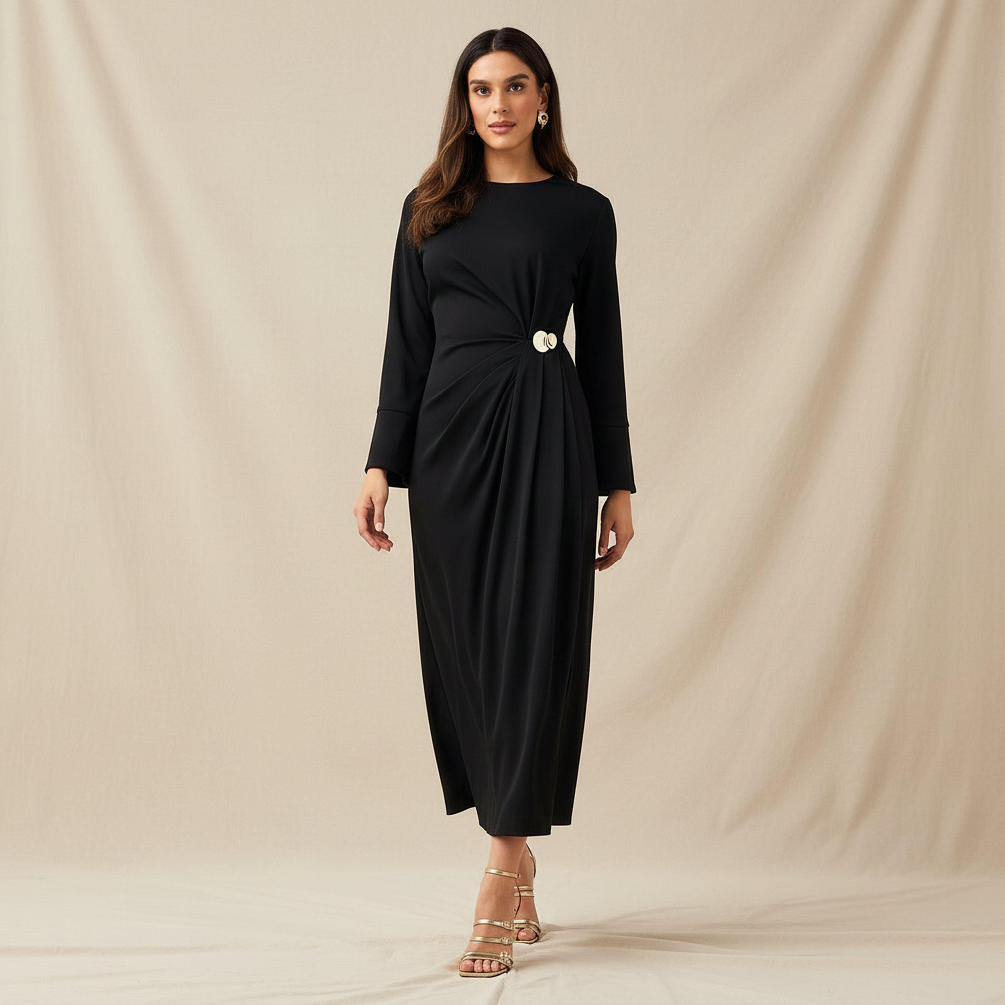 A-line Midi Dress with Draped Design-women-clothing-dresses-image-1