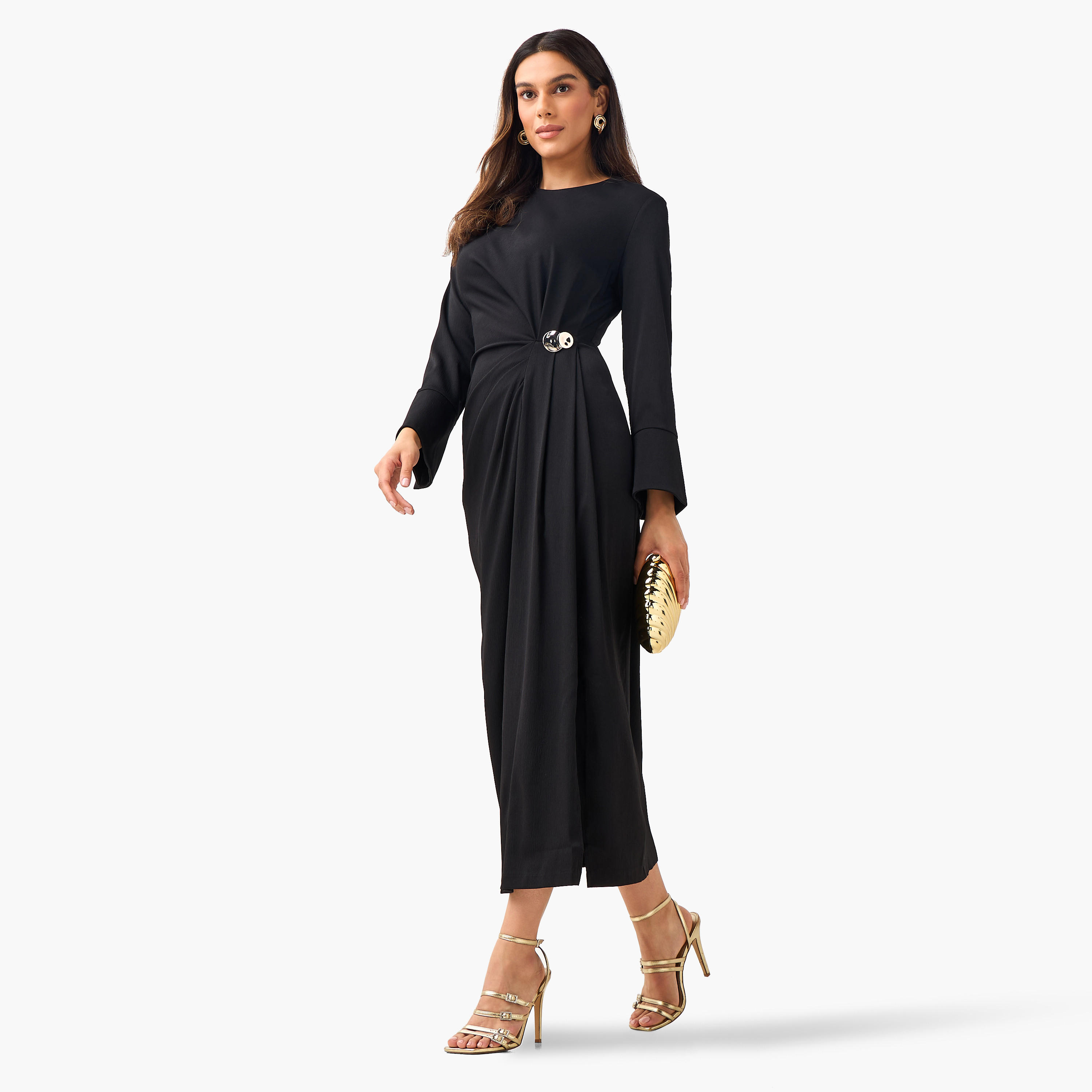 A-line Midi Dress with Draped Design-women-clothing-dresses-image-3