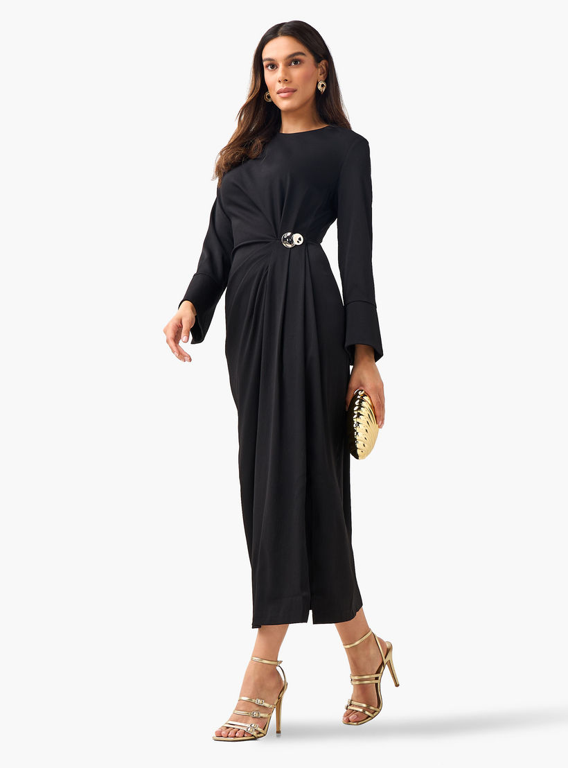 A-line Midi Dress with Draped Design-women-clothing-dresses-image-3