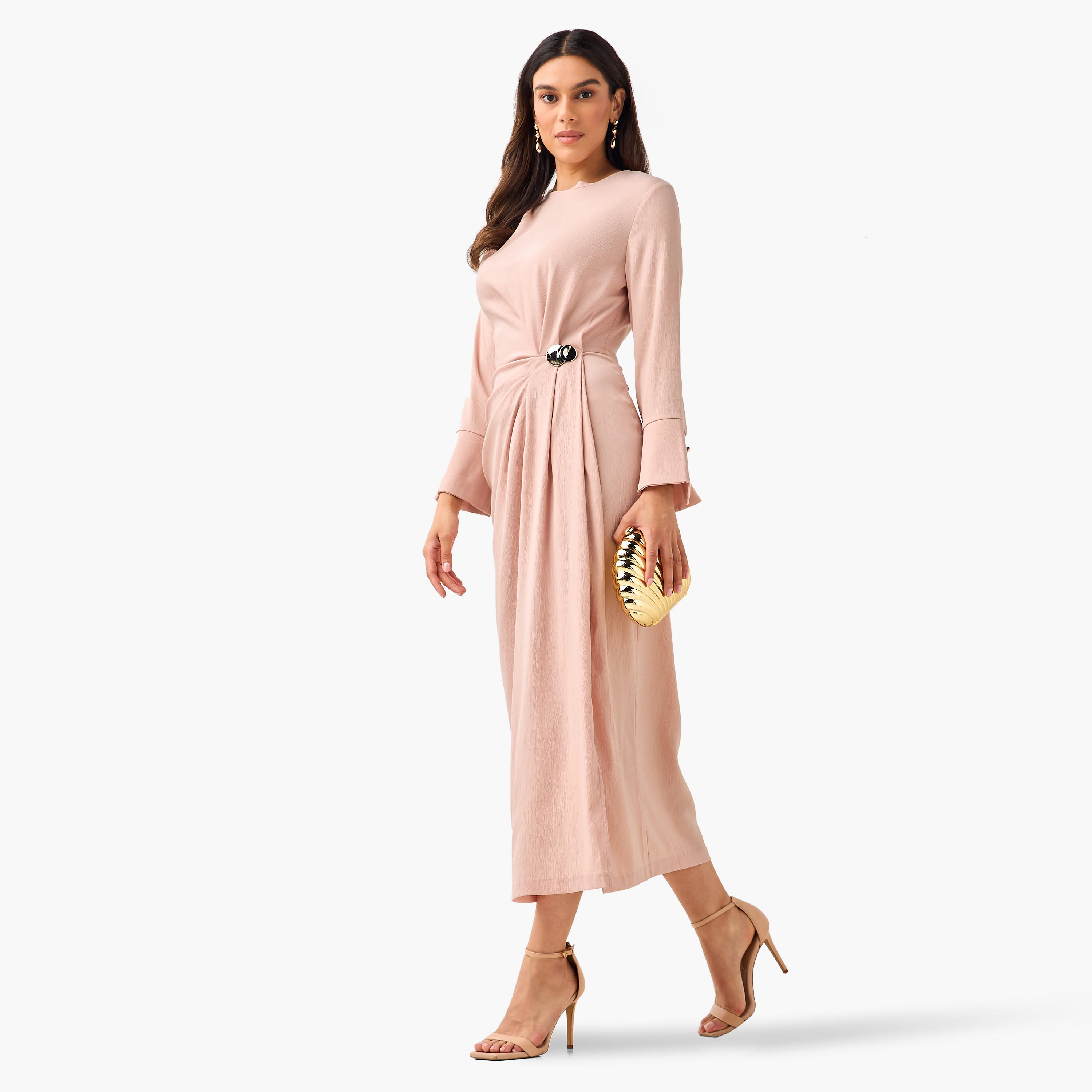 A-line Midi Dress with Draped Design-women-clothing-dresses-image-3